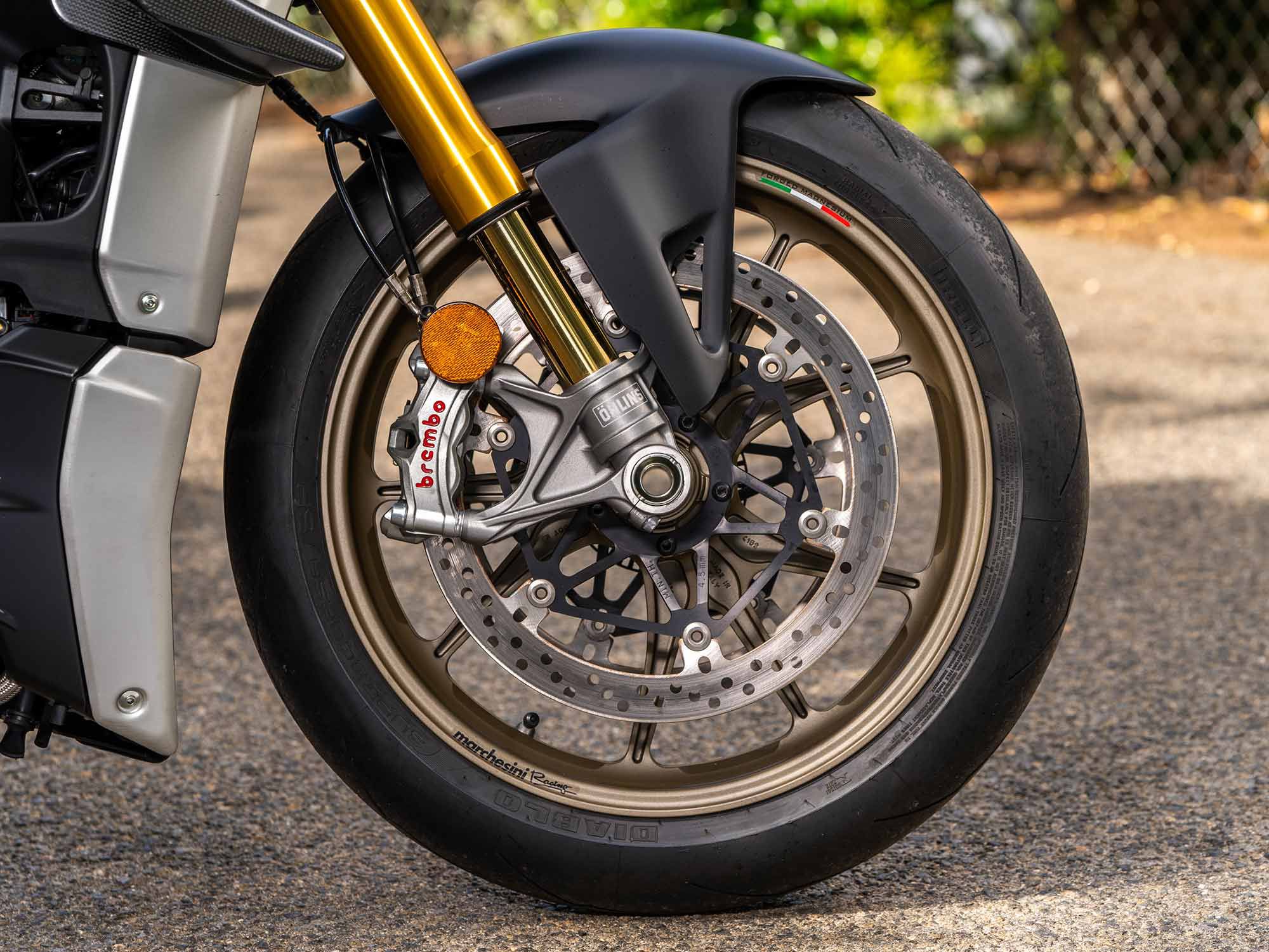 This Streetfighter V4 S project bike rolls on a set of forged magnesium wheels from Marchesini ($5,227.50). The wheels are 1.5 pounds lighter than the forged alloy setup on the V4 S.