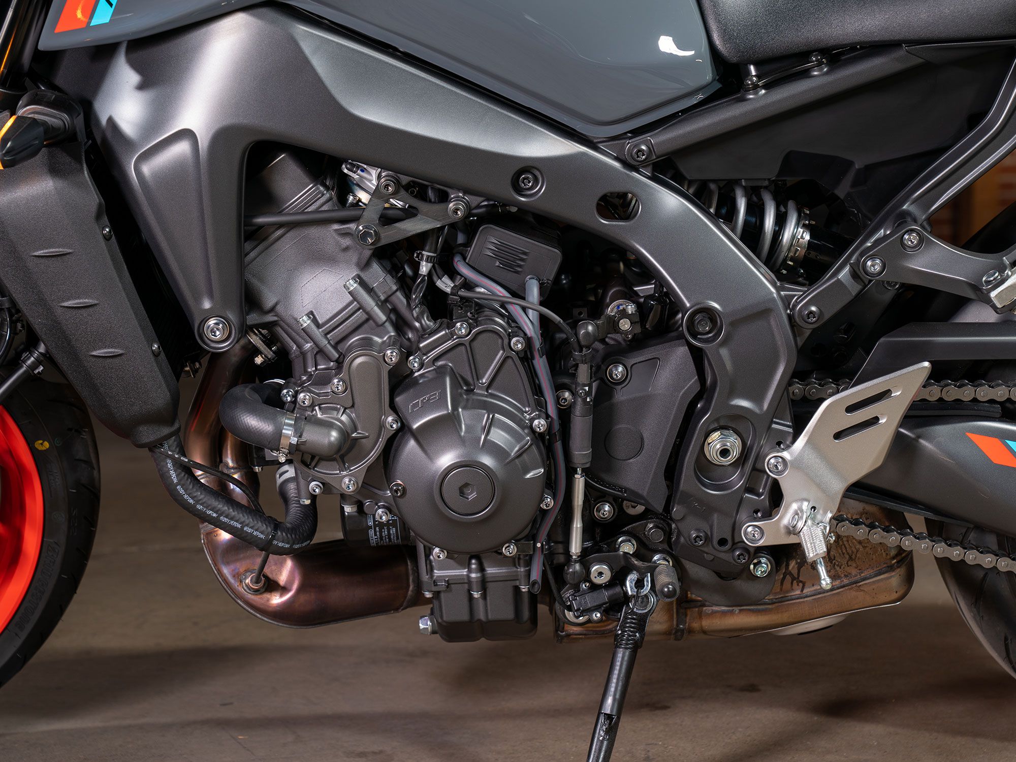 The 2021 MT-09 is powered by a 43cc larger CP3 engine that now displaces 890cc.
