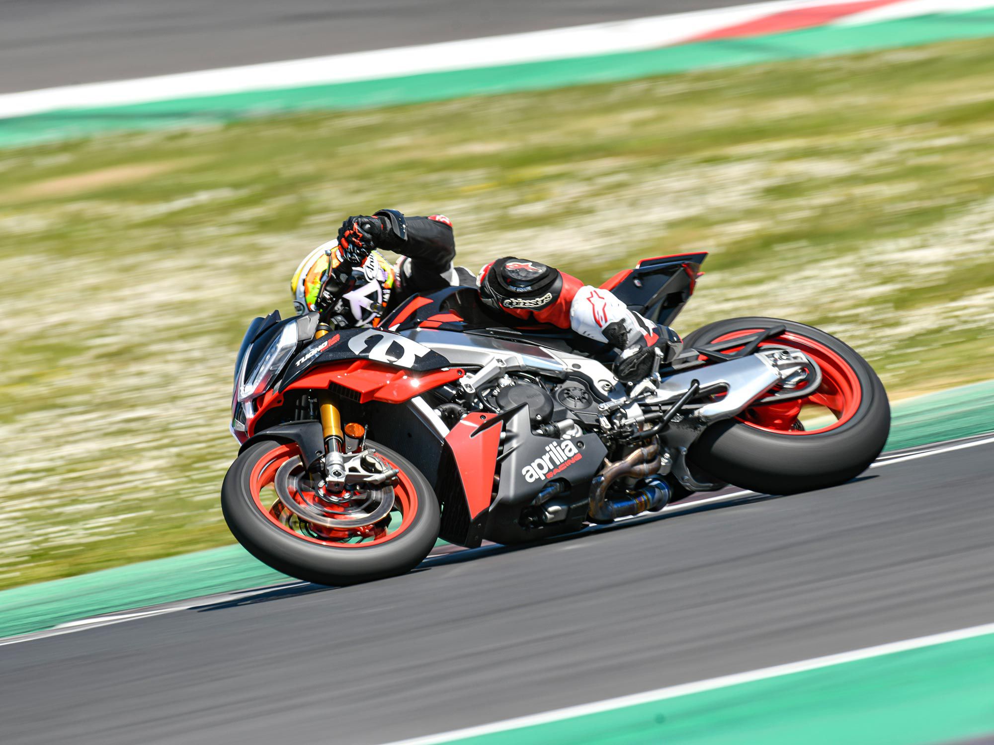We got lucky: fresh Pirelli slicks, the Misano MotoGP racetrack, and the perfect weather conditions to test Aprilia’s latest Tuono V4 Factory.