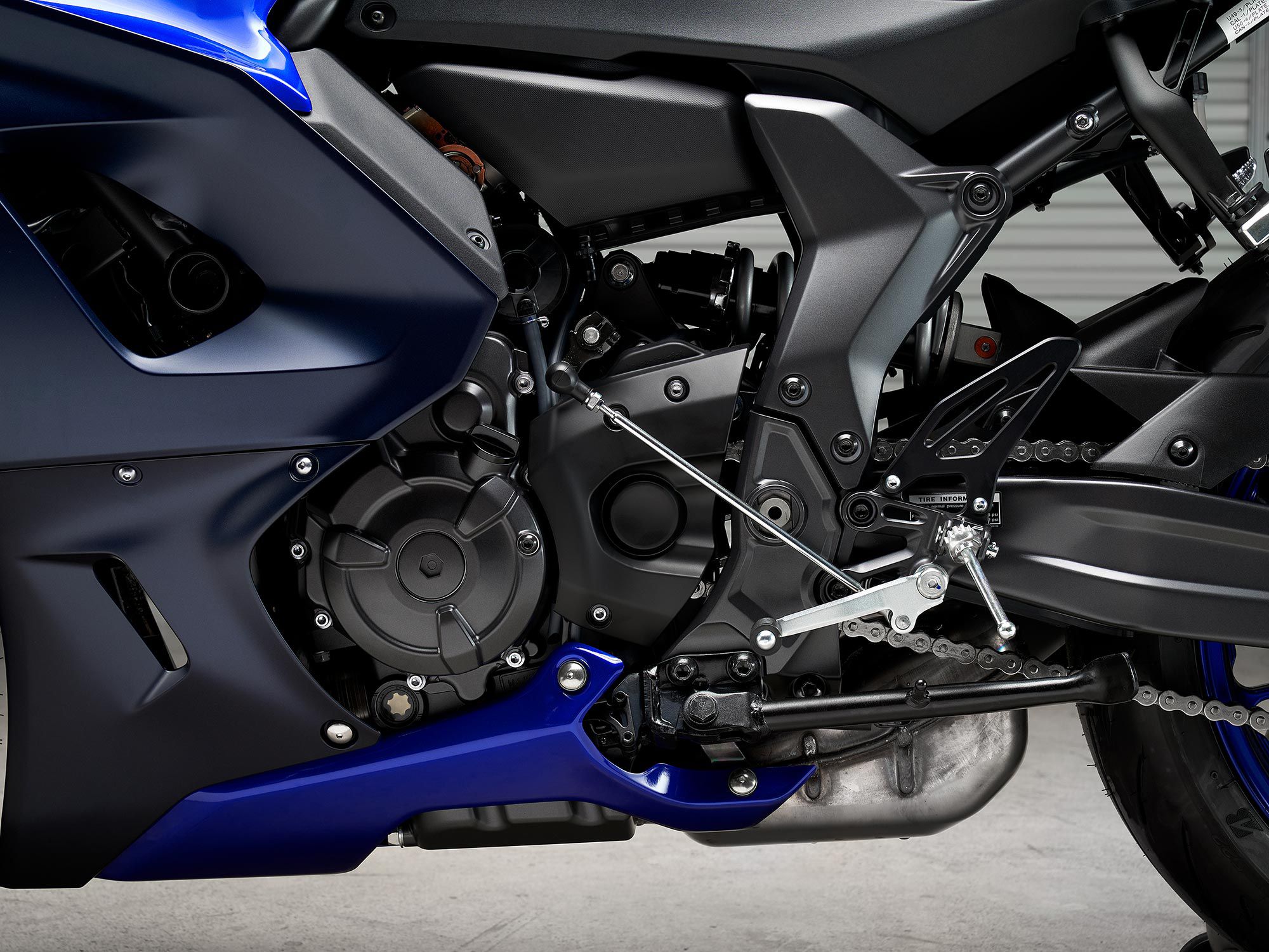 The YZF-R7 is powered by Yamaha’s tried-and-true 689cc CP2 parallel twin.
