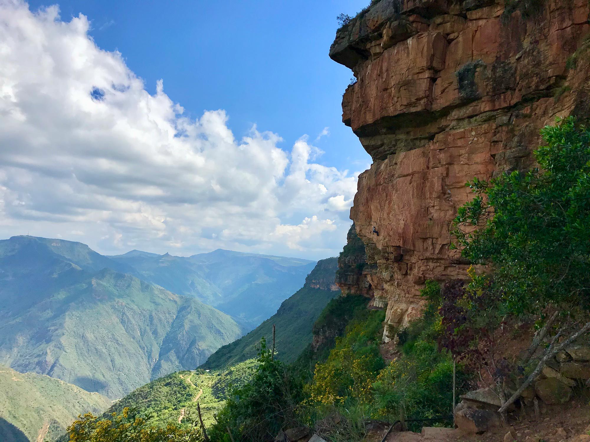 Orange canyon walls contrast the deep blue skies of the desert ecosystem located in northeastern Colombia.