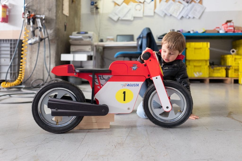 Side view of the new MV Agusta Vintage Wooden Balance Bike for toddlers