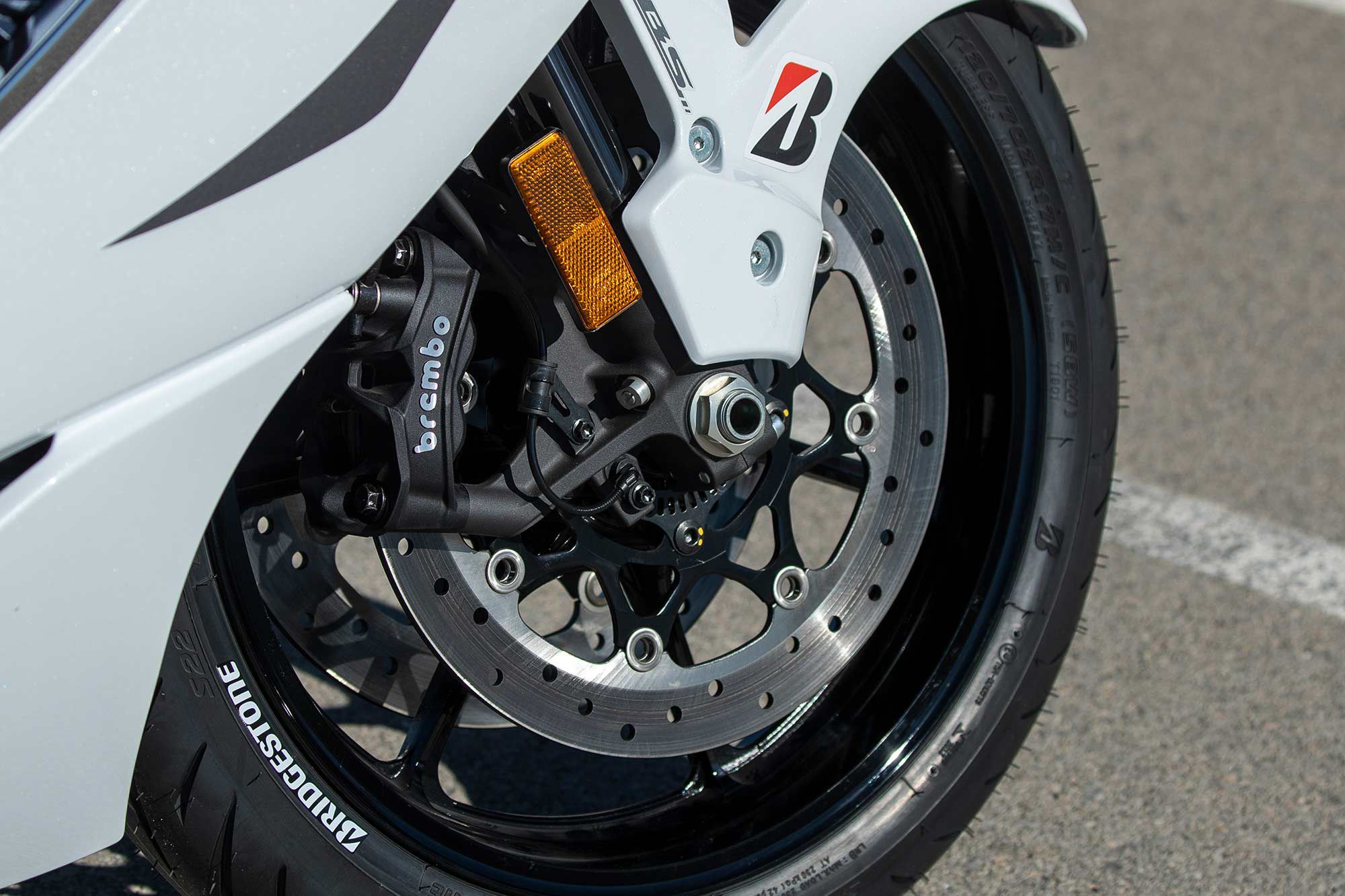 The 2022 Hayabusa benefits from oversized front brakes with Brembo’s beautifully machined Stylema calipers. Braking performance is a big improvement, but there is still a hint of fade after prolonged track use.