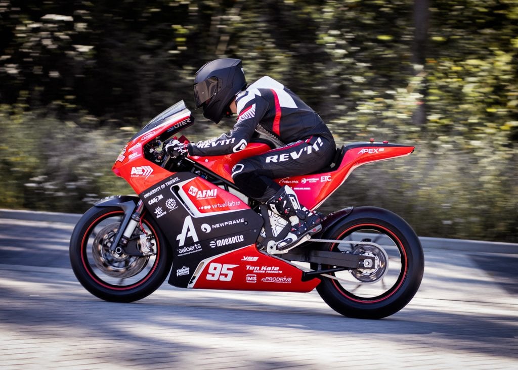 Delta-XE, the new electric Superbike from Electric Superbike Twente, with a rider testing out the specs