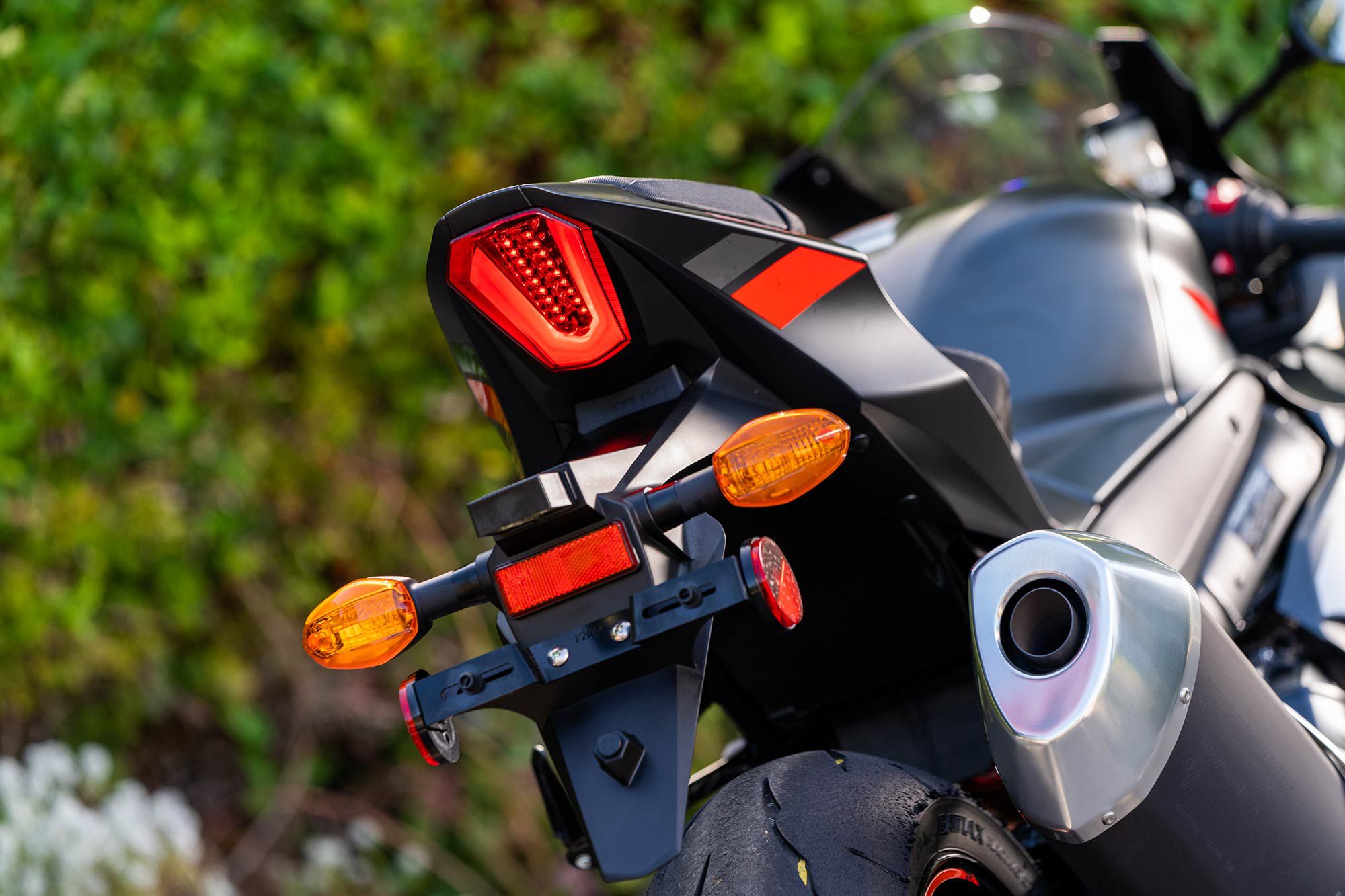 Its LED tail light is bright and helps the Suzuki rider stand out after dark. One gripe: we wish the turn signals were LED, too.