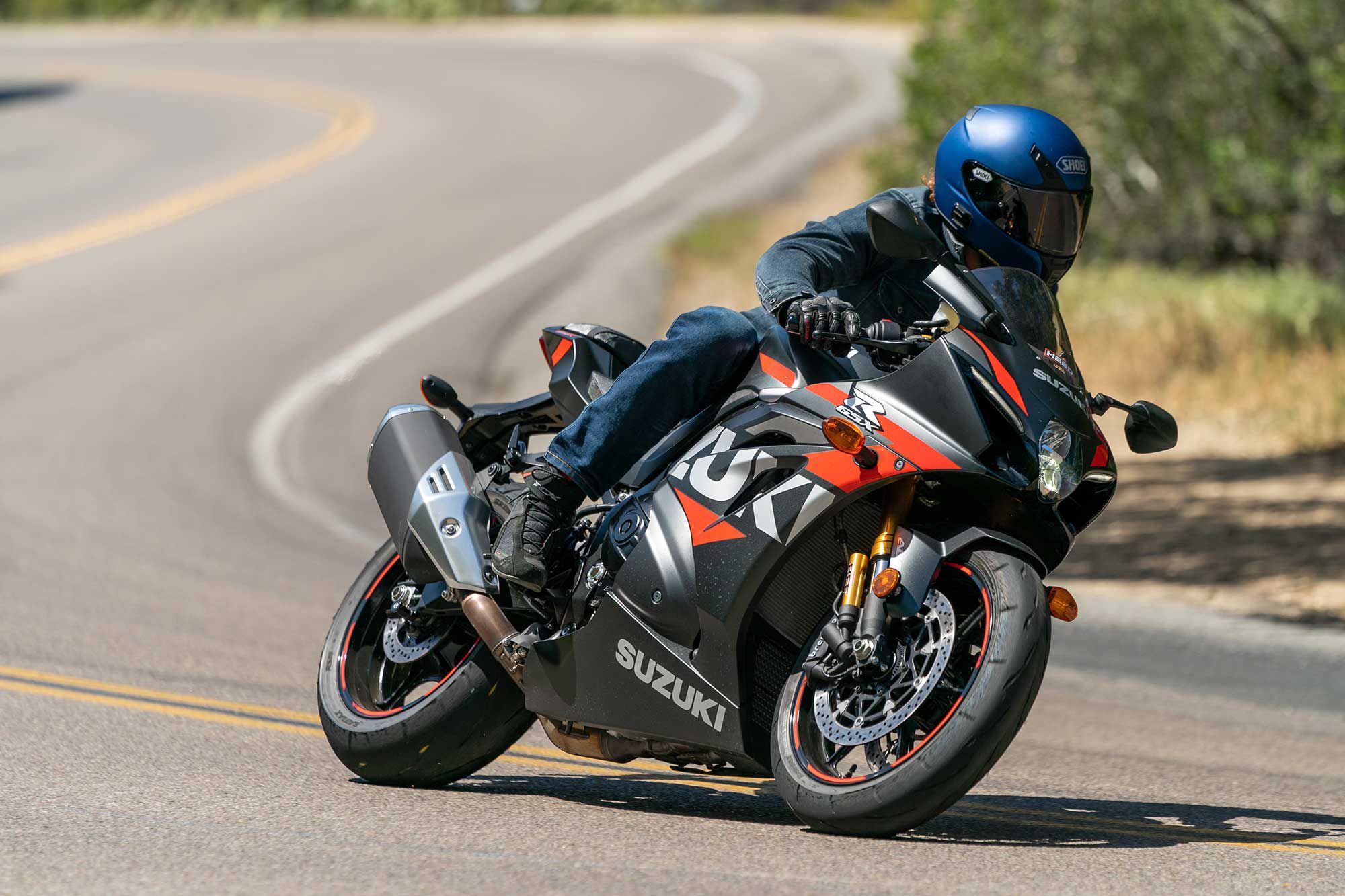 Suzuki’s GSX-R1000R impresses with its high-level of agility. It dances well for a 445-pound motorcycle.