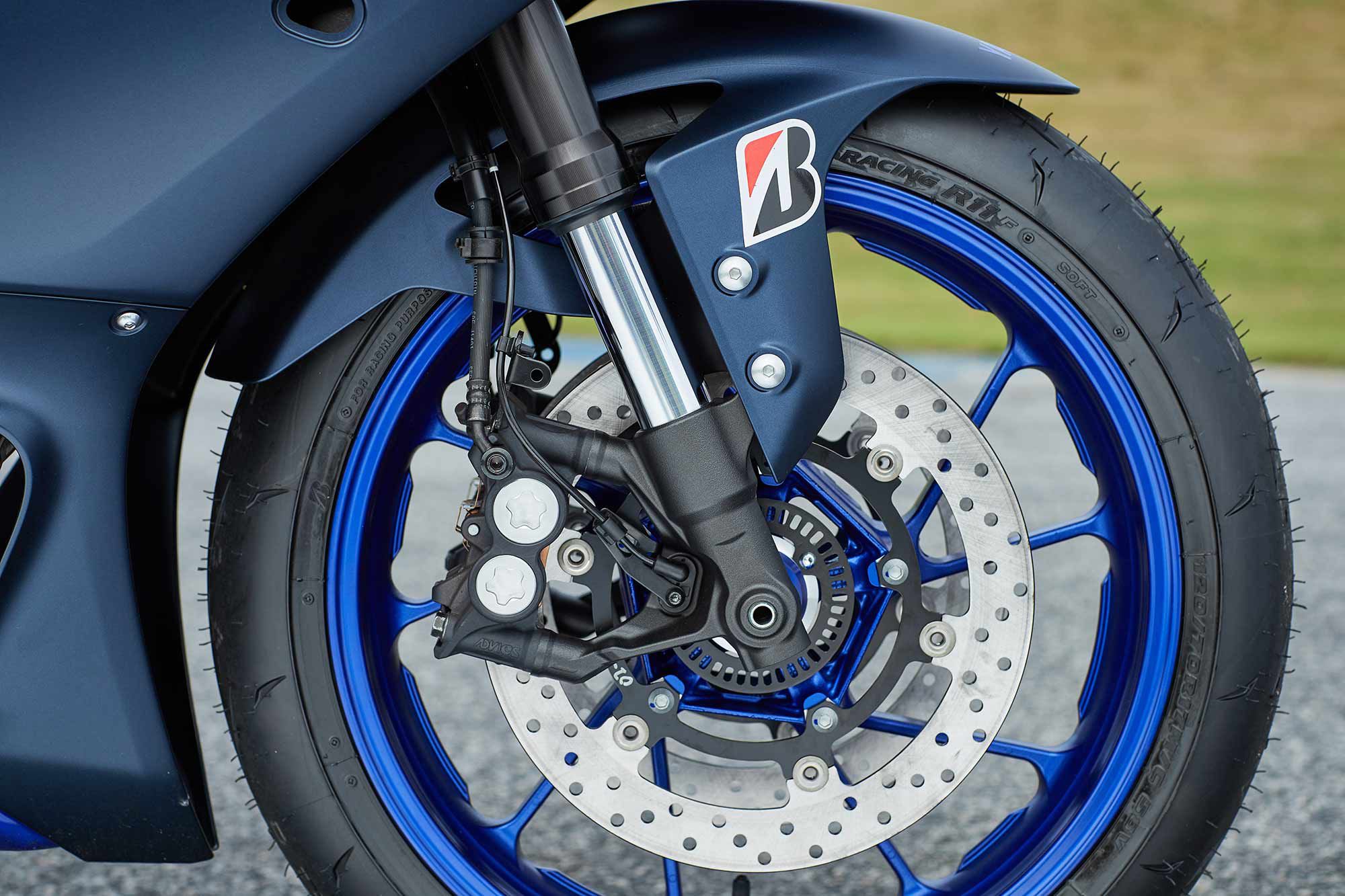 The R7 employs a fully adjustable inverted KYB fork. The suspension components deliver plush action but lack the precise road holding of a four-cylinder Yamaha YZF.