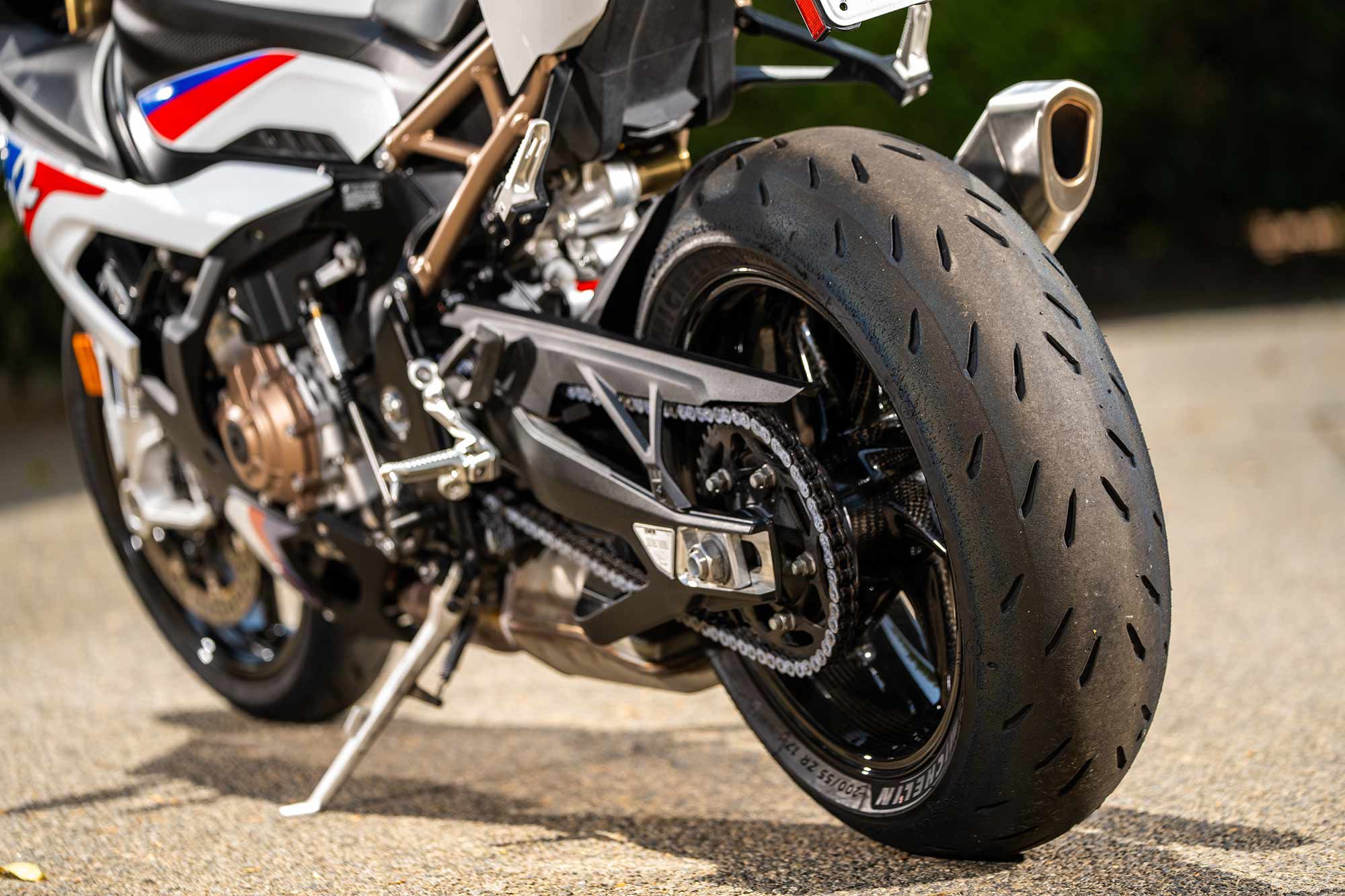 BMW’s superbike rolls on Michelin Power RS tires. The tires aren’t our favorite, but we do like the neatly integrated tire pressure monitoring system as part of the $1,450 Select package.