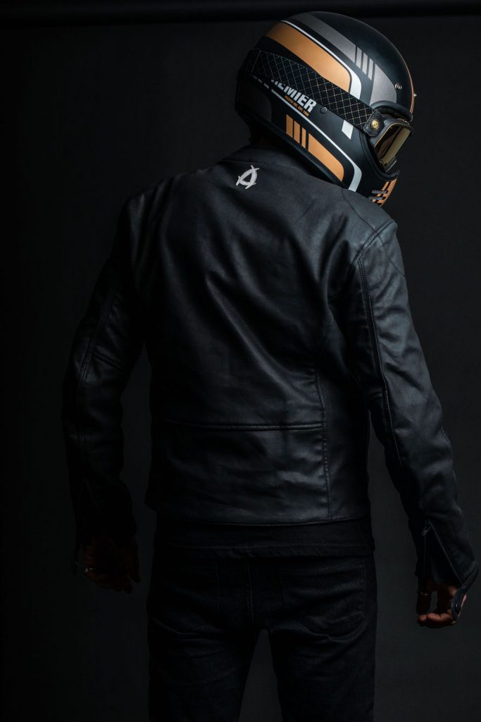 A back view of the new Neowise vegan leather motorcycle jacket from Andromeda Moto