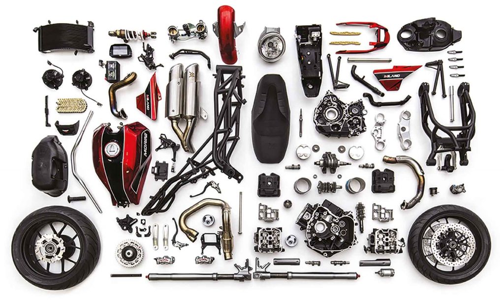 a view of the accessories that go into creating a Moto Morini X-Cape adventure motorbike