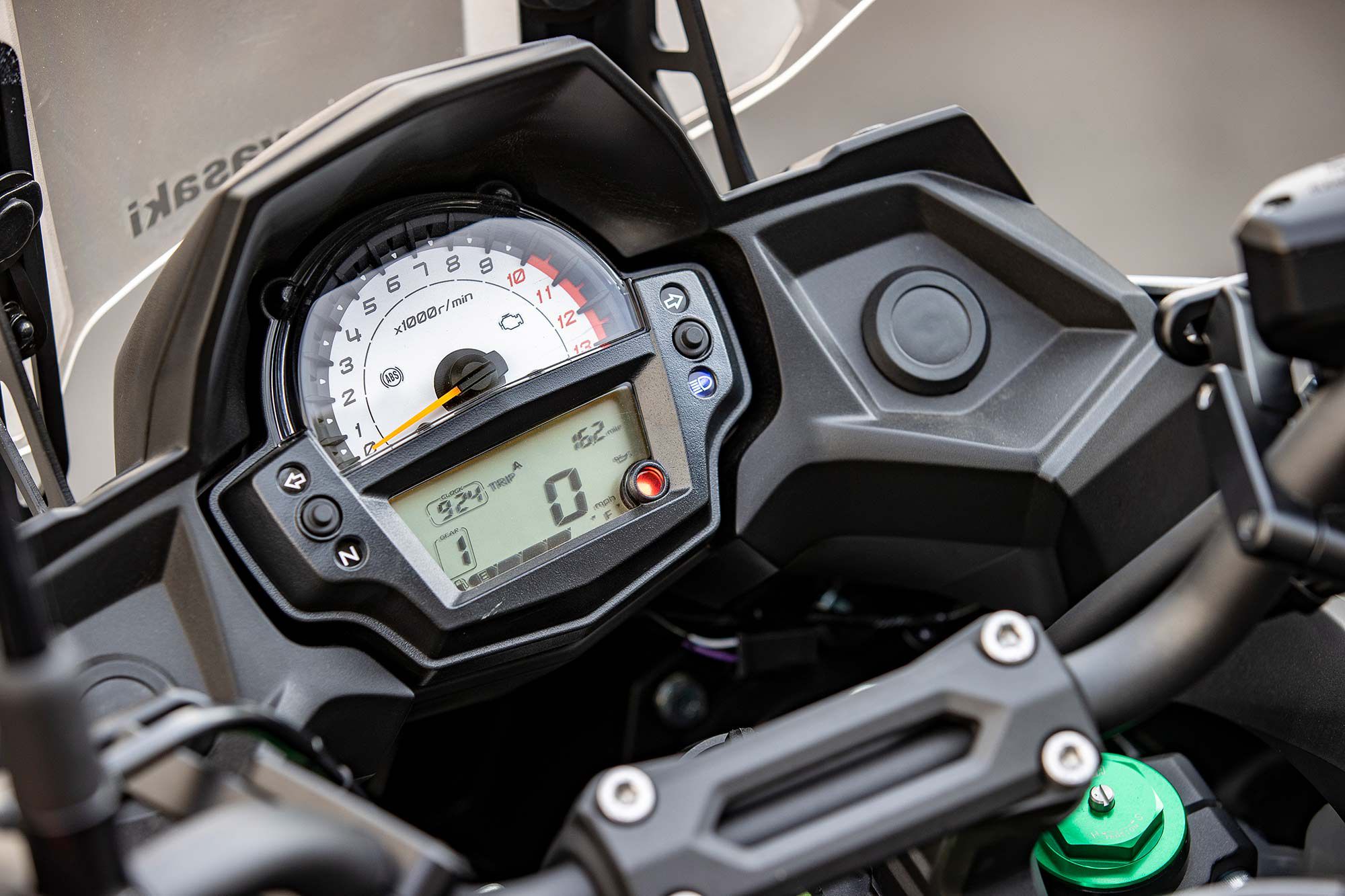 A simplistic dashboard with an LCD display and analog tachometer is fitted to the Versys 650 LT. In the modern age of TFT displays, it shows the Kawasaki has aged.