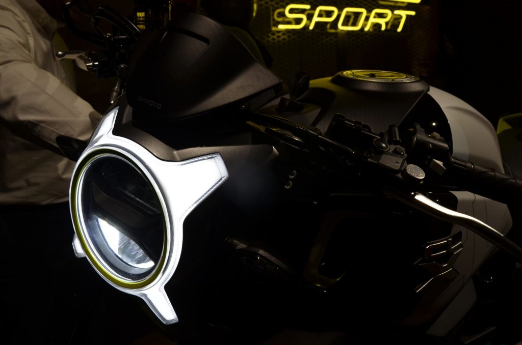 A view of the unique headlight on the all-new CFMoto 700 CL-X Sport Variant, soon to be made available in Australia and the Central and Eastern Hemispheres.