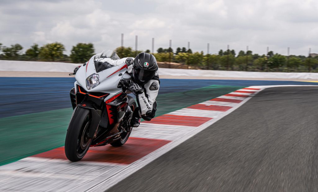 A rider trying out the all-new 2022 MV Agusta F3 RR on the track