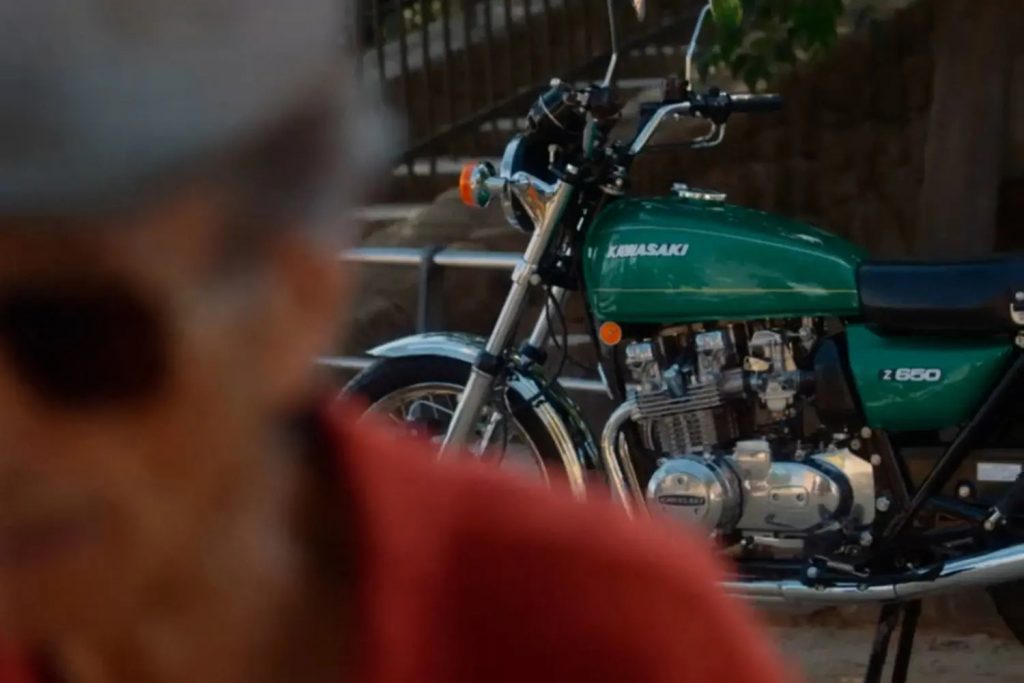 A side view of the 2022 Kawasaki Z650RS model as seen in the teaser trailer