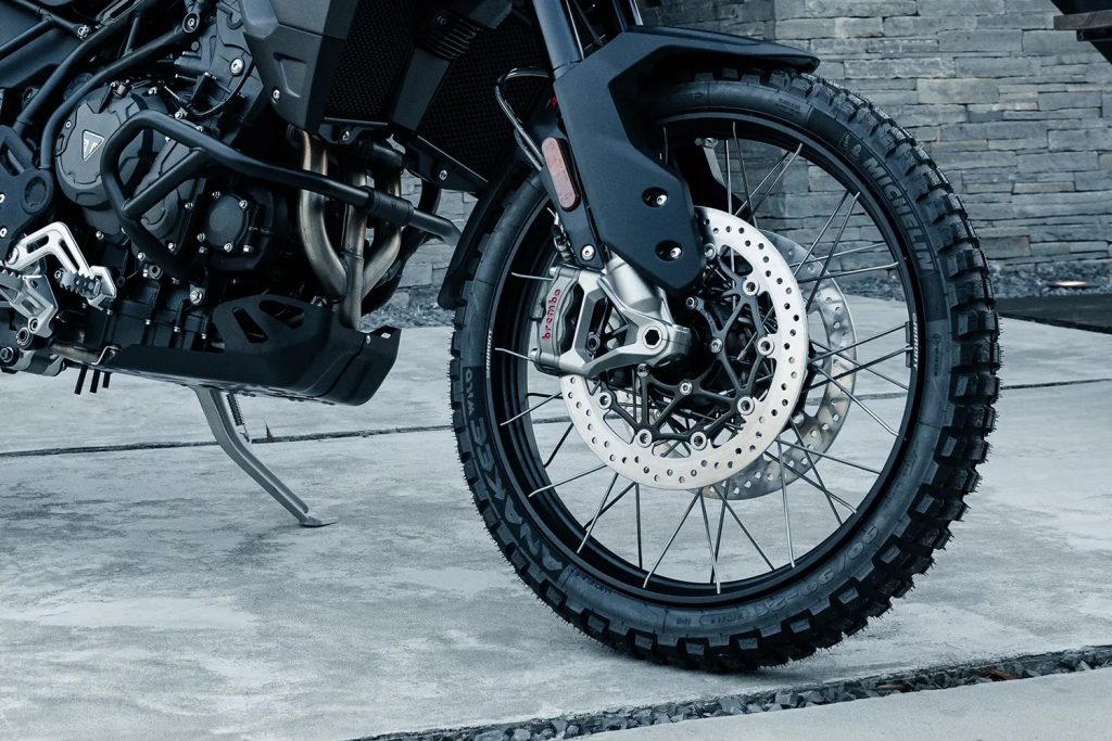 A view of the potential upgrade tyres available on A side view of the 2022 Tiger 900 Rally Pro Bond Special Edition
