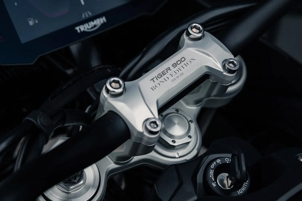A view of the special detailing connected to the limited production of the 2022 Tiger 900 Rally Pro Bond Special Edition