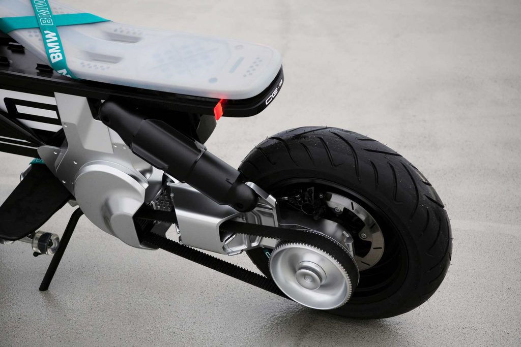 A view of the belt and rear tire on the A side view of the BMW CE 02 concept scooter