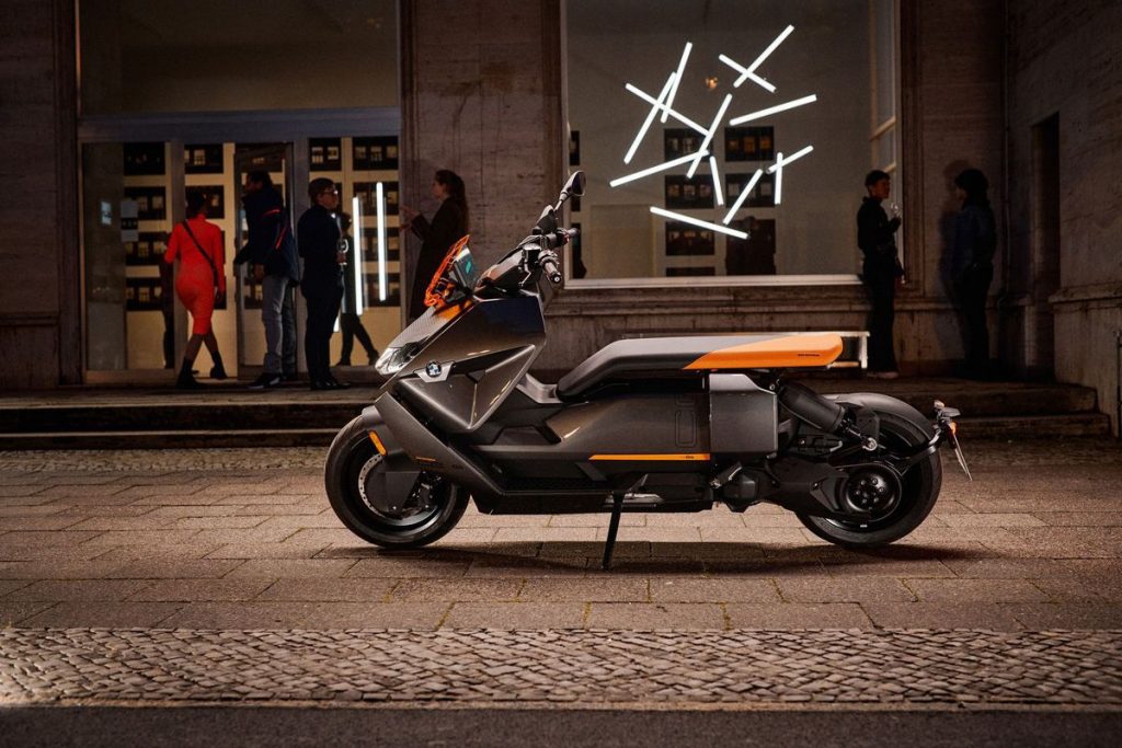 A side view of the BMW CE 04 scooter