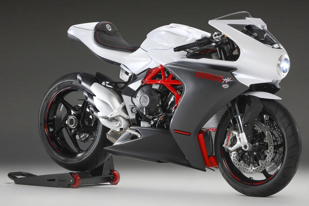 A side view of the MV Agusta Superveloce F3 800 in white