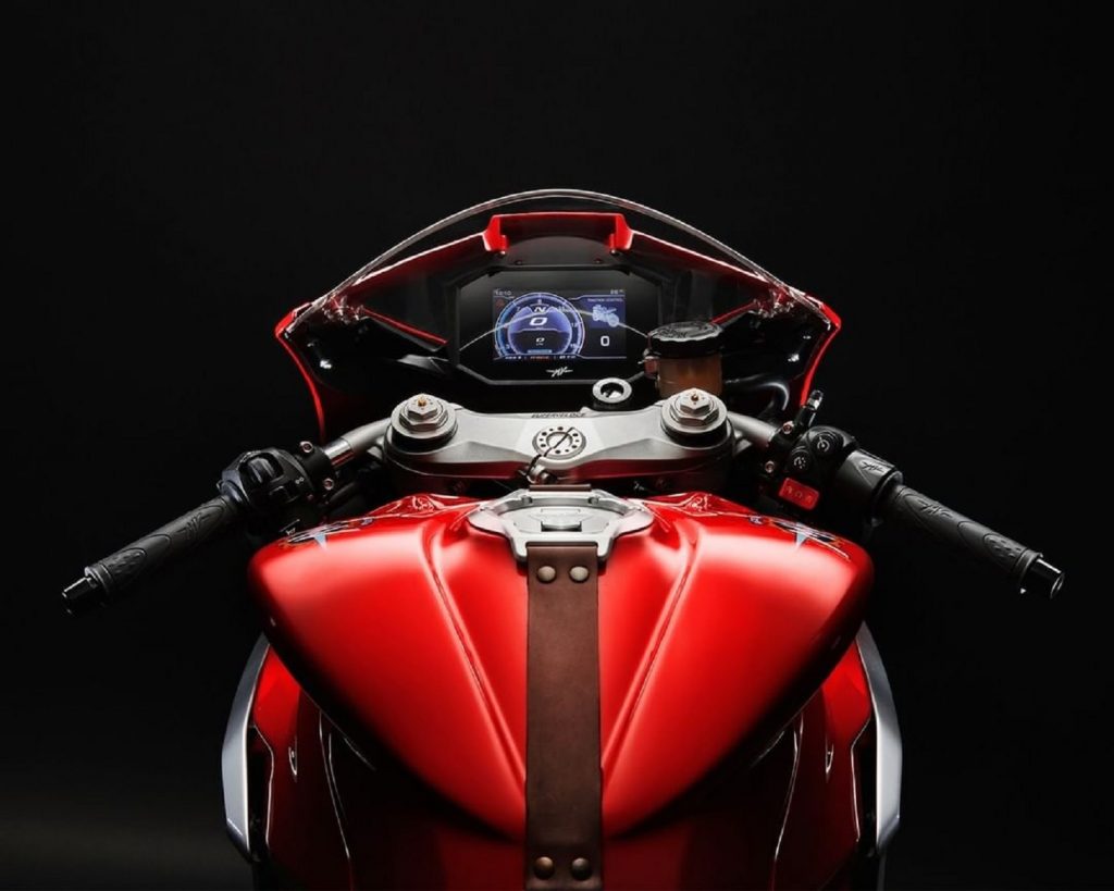 A view from above of the cockpit of the MV Agusta F3 800