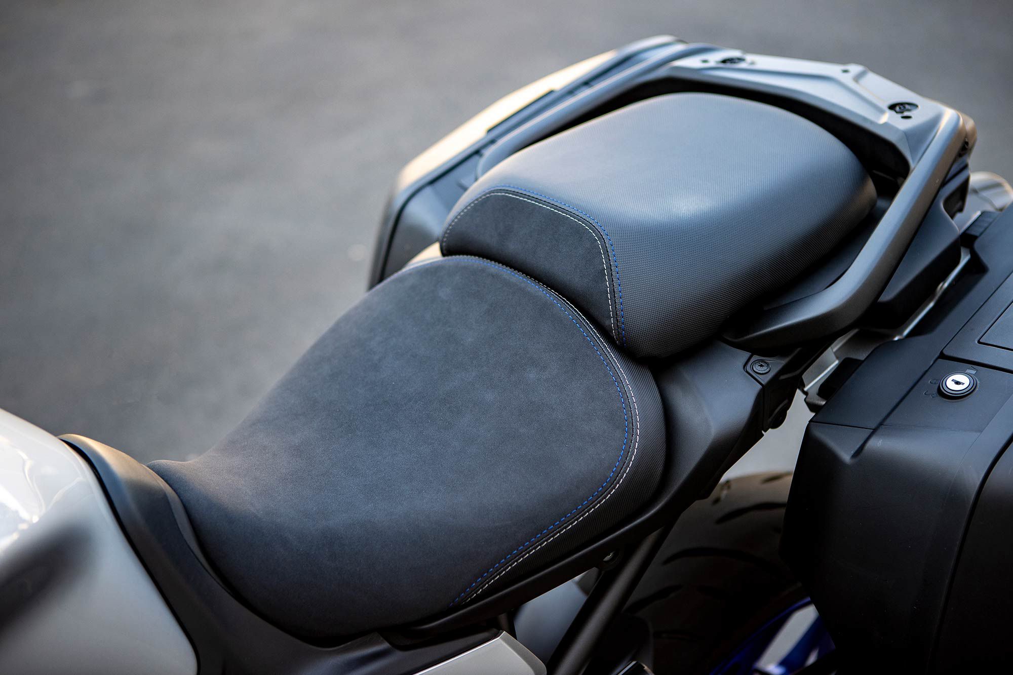 One of the many adjustable points on the Tracer 9 GT is its two-position seat. Standard seat height is a relatively low 31.9 inches, but it can easily be raised to 32.5 inches without any tools required.