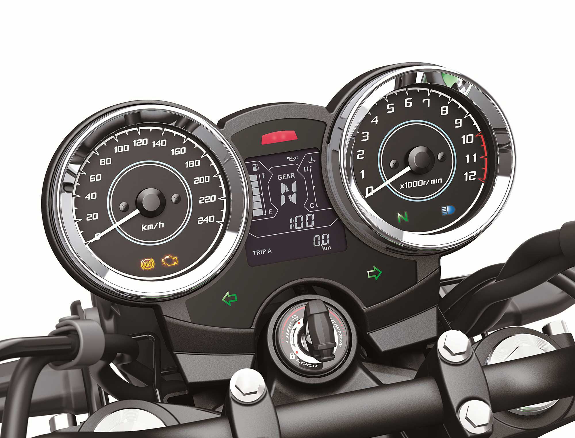 Dual dial instrument panels with a centralized LCD screen.