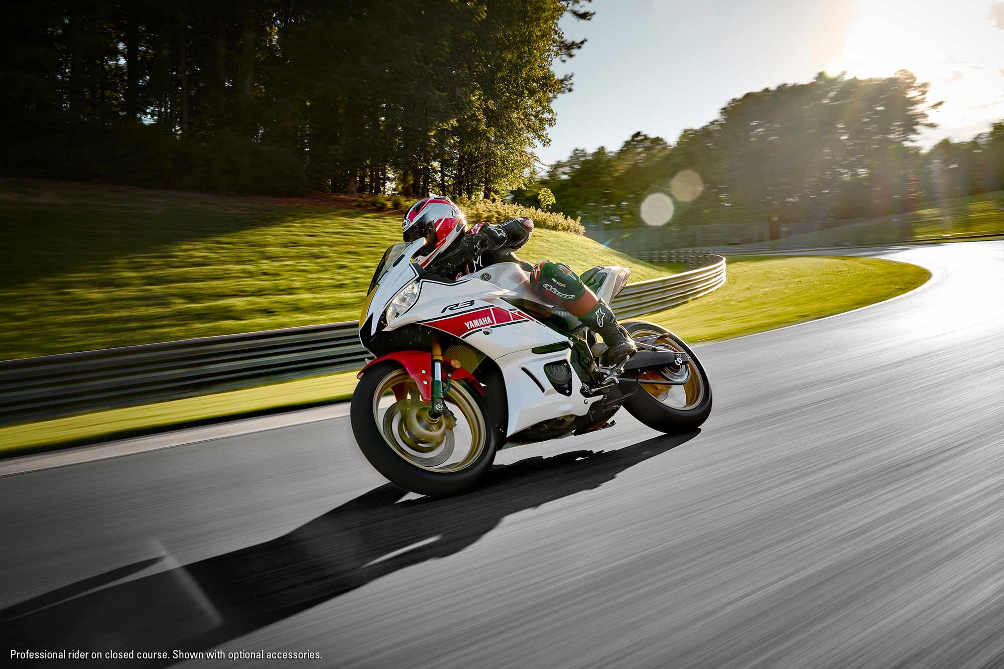 The 2022 YZF-R3 in the white and red block colorway will price at $5,499.