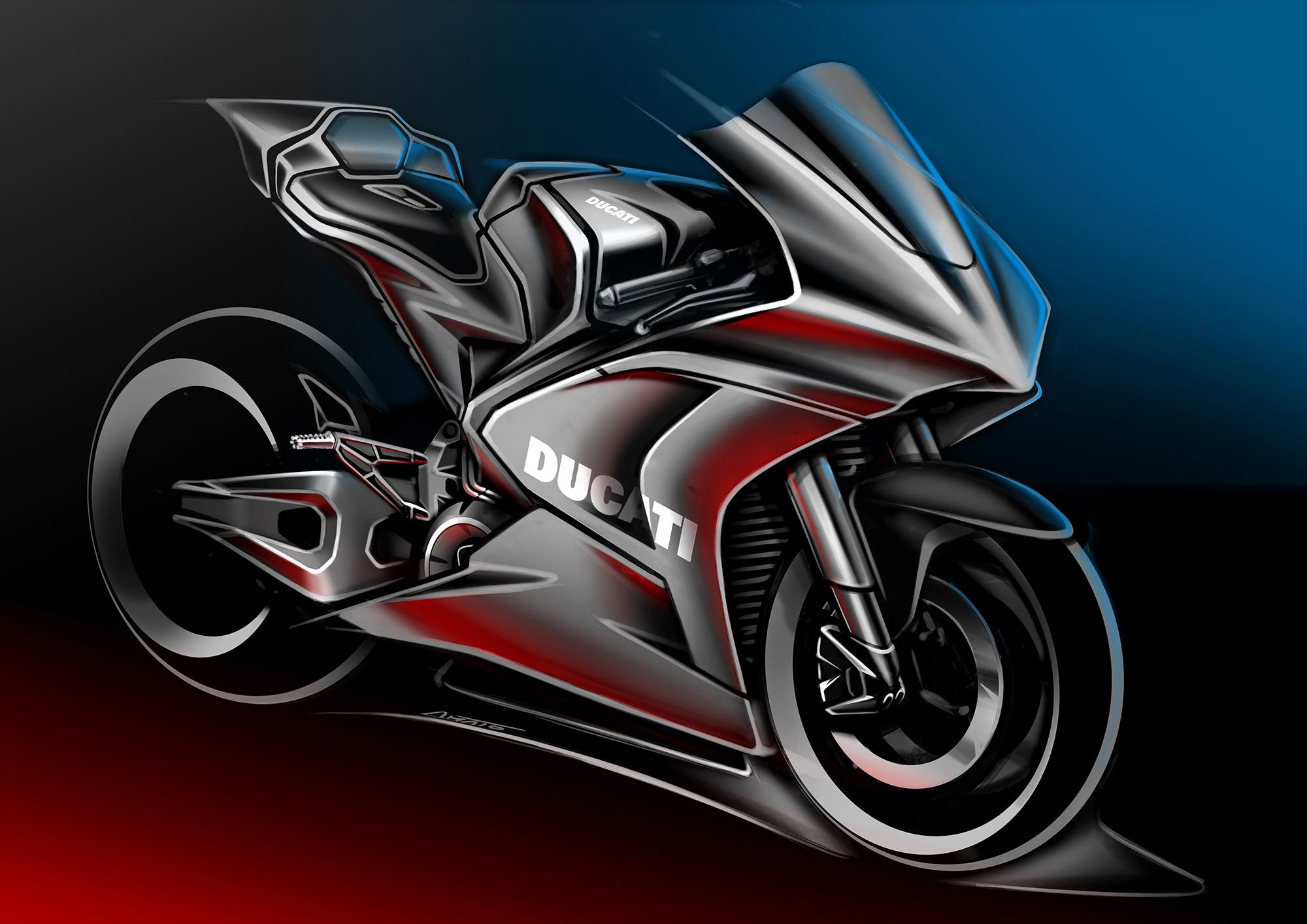 A sketch of what the future Ducati electric motorcycle might look like.