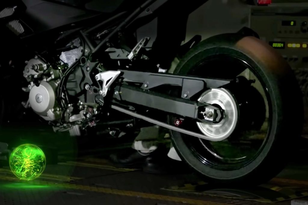 A view of the new hybrid motorcycle prototype that Kawasaki has just revealed, testing out revs on a dyno