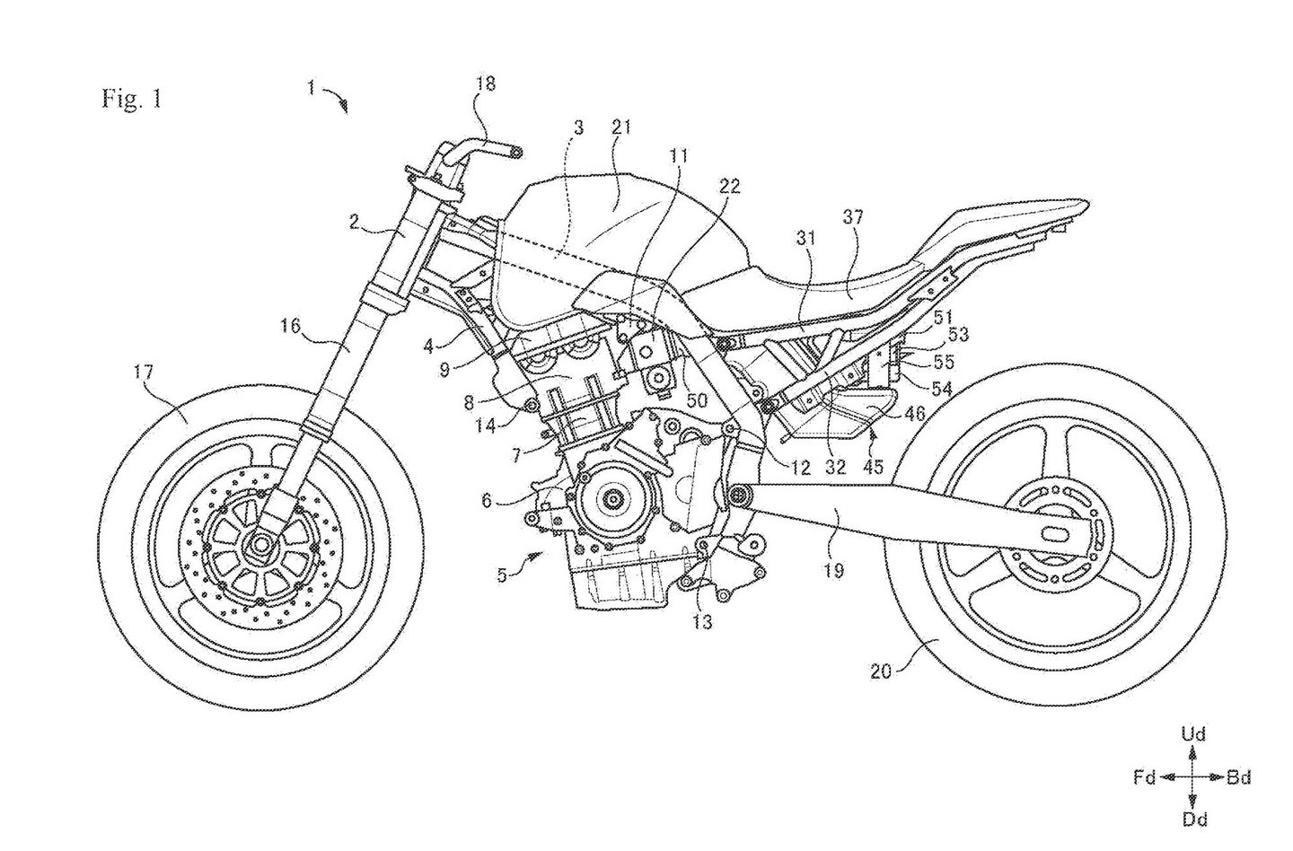 A patent image of the upcoming 700cc parallel-twin engine in a SV650-like motorcycle