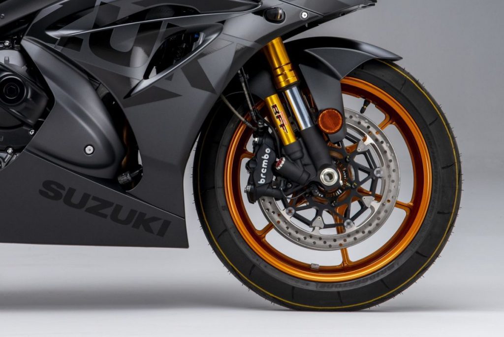 A close-up of the gold forks and wheel on the A side view of the new Suzuki GSX-R 1000R Phantom