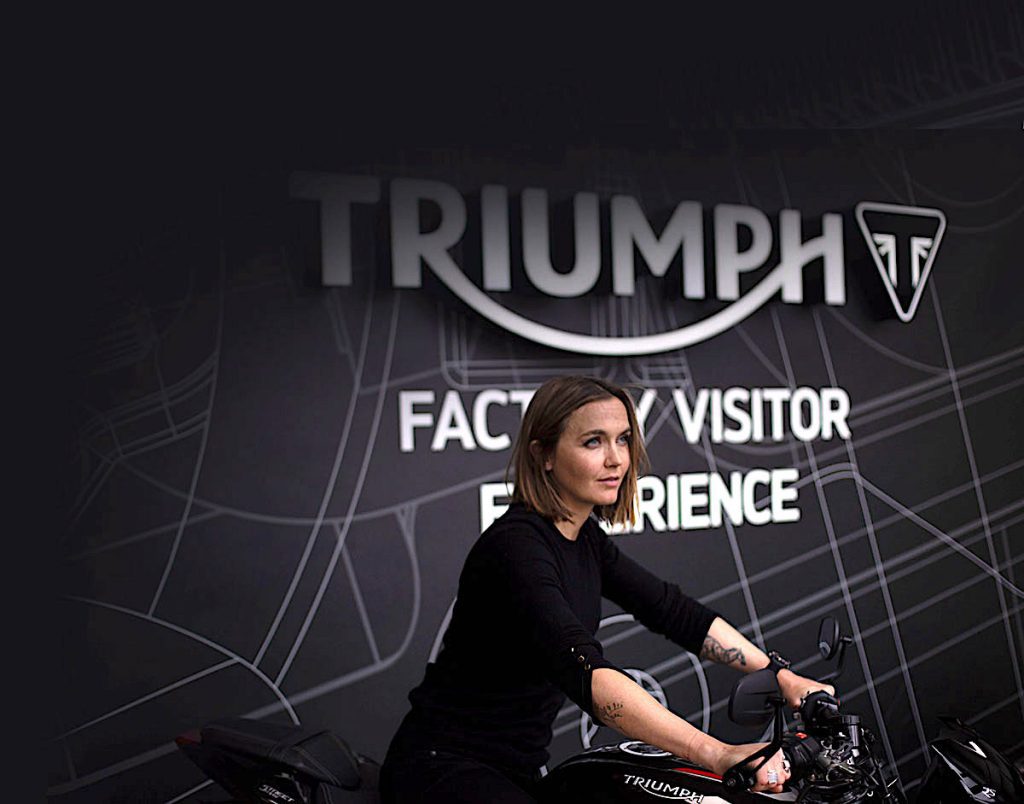 A view of Olympic cyclist Victoria Pendleton on a motorcycle in support of Triumph's Ride Out To Help Out Campaign