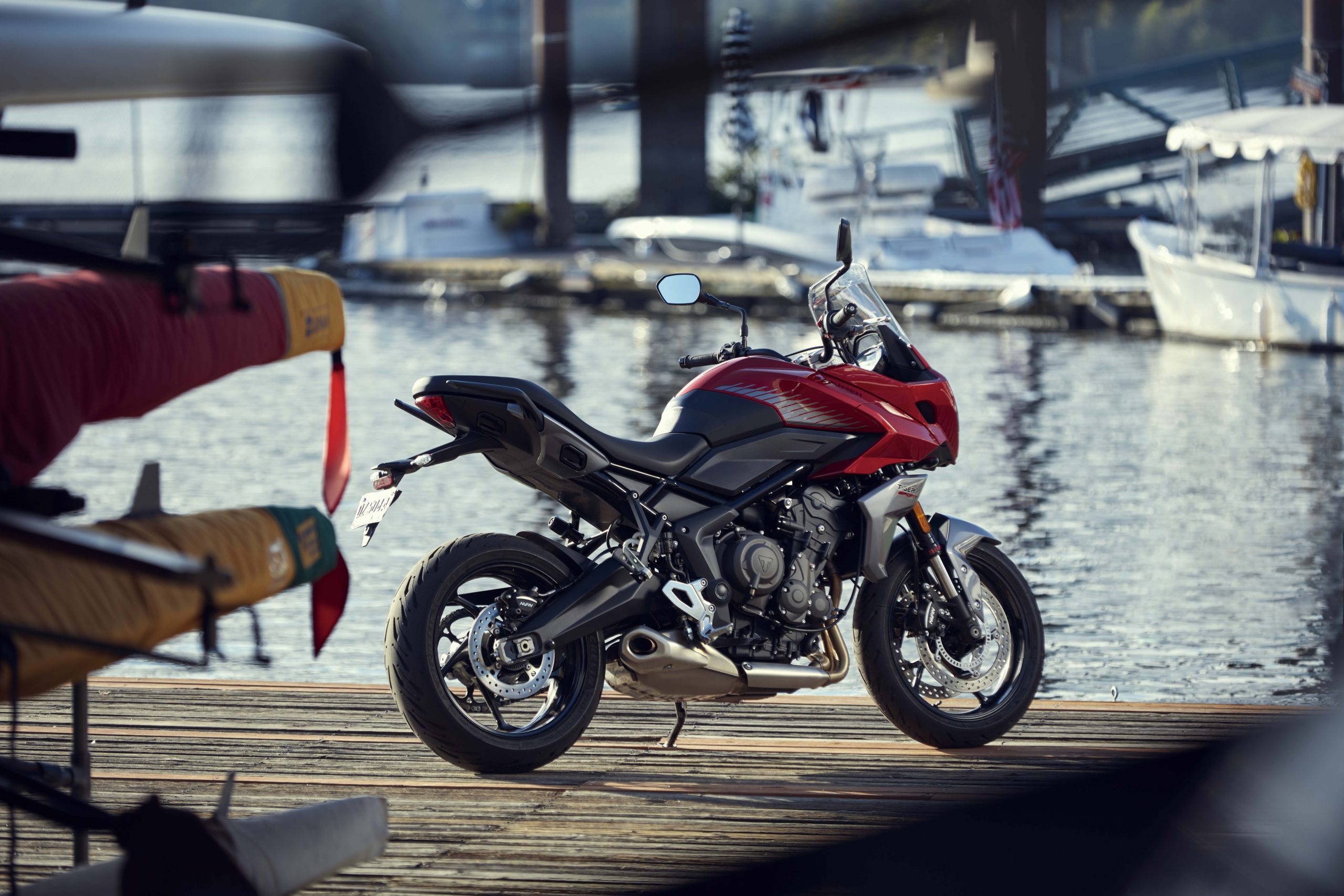 A shot of the new Triumph Tiger Sport 660 by the docks