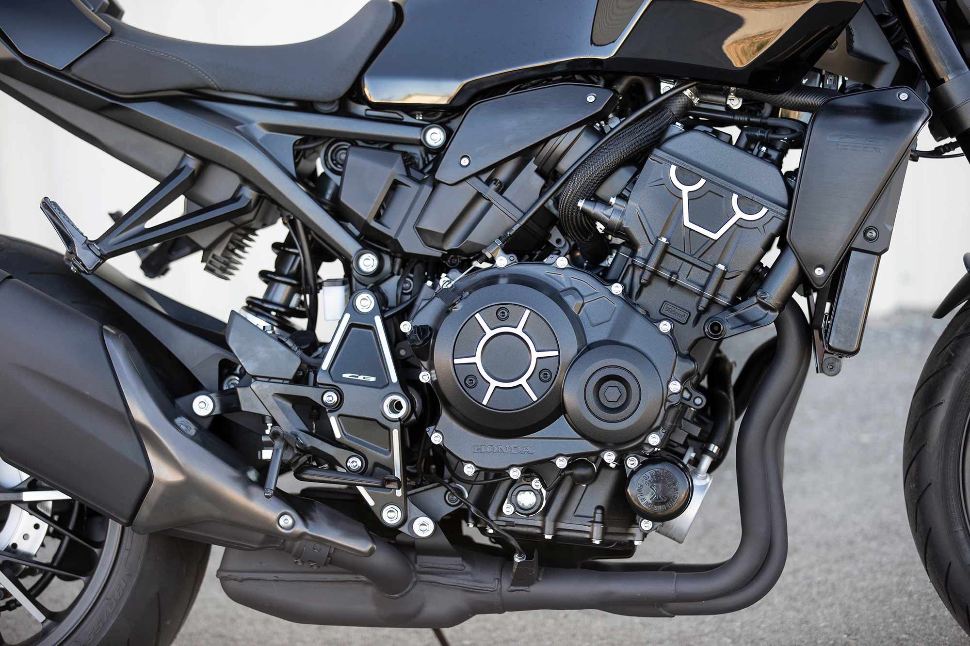 The CB1000R is powered by a previous-generation CBR1000RR superbike 998cc DOHC inline-four powerplant adapted to everyday rideability, worthy of about 120 hp on the <i>Motorcyclist</i> dyno.