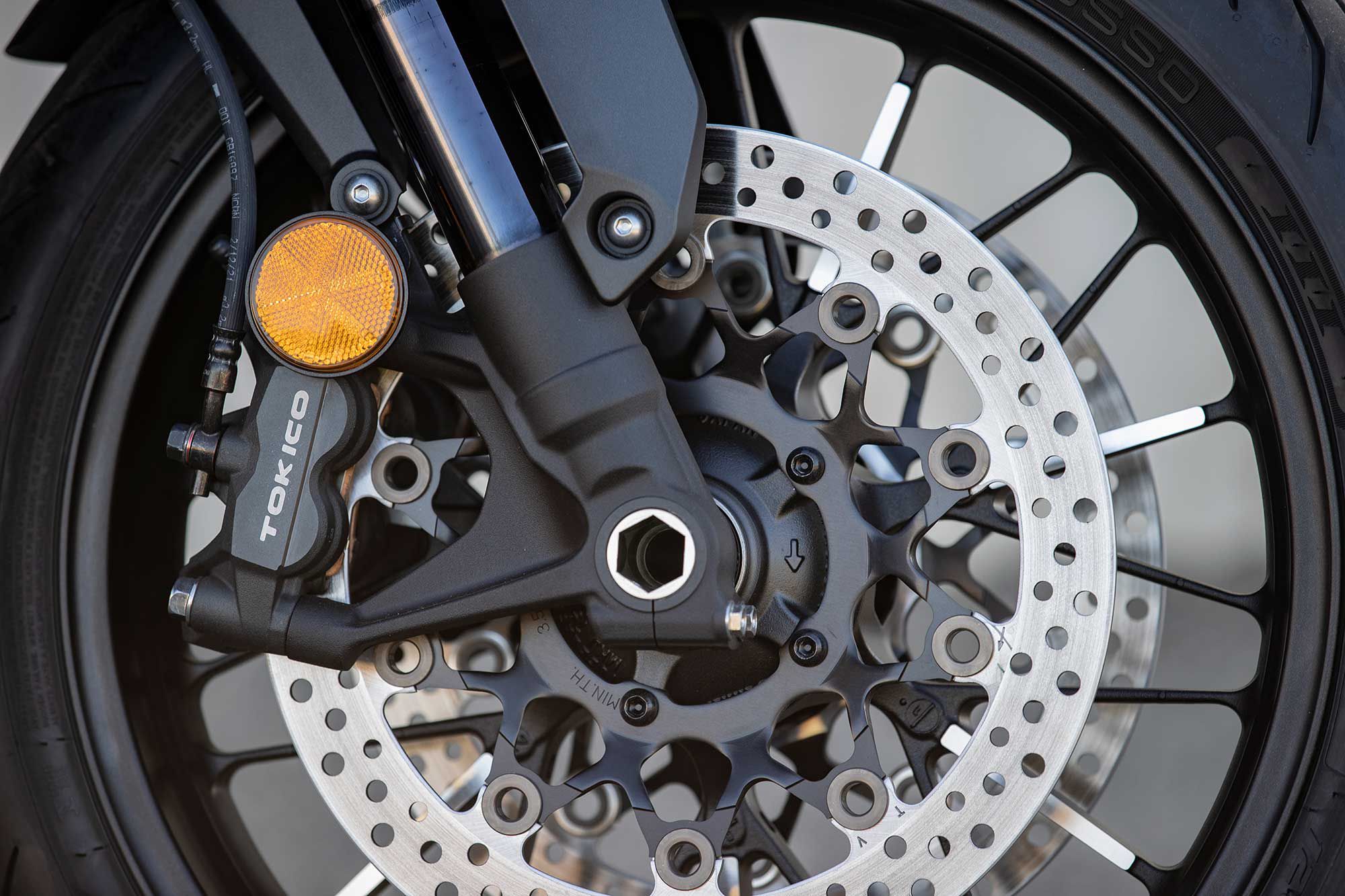 A pair of radially mounted four-piston Tokico calipers clamping to 310mm discs bring the CB1000R Black Edition to a halt and are aided by a fixed ABS system.