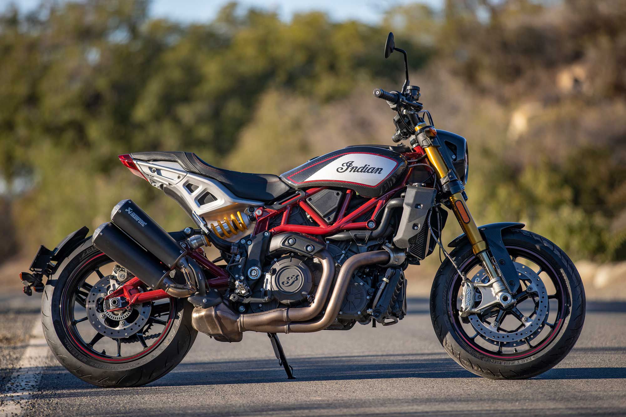 The 2022 Indian Motorcycle FTR R Carbon is Indian’s top-of-the line street tracker-style road bike ringing in at $16,999.
