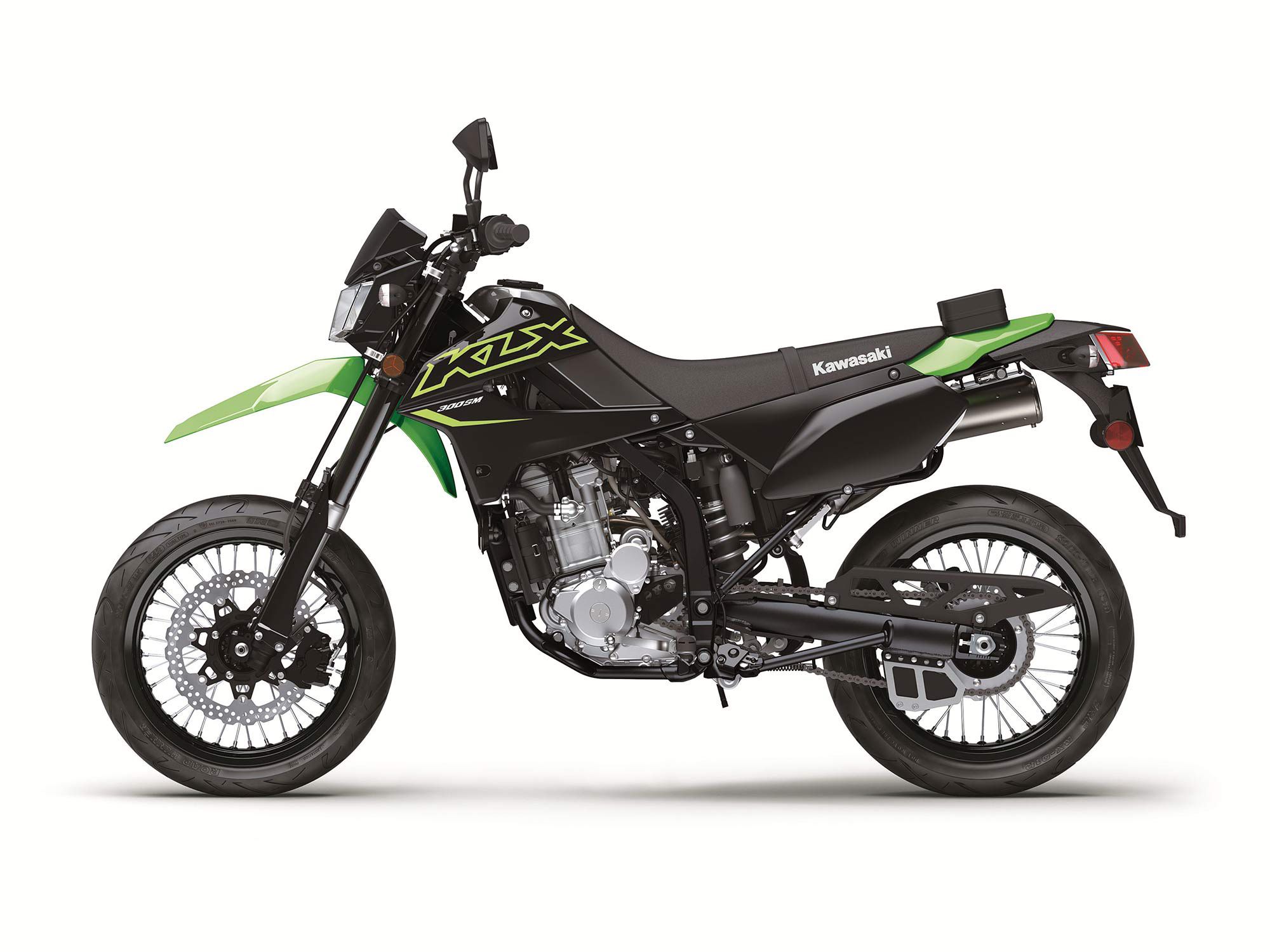 Like the other KLX300 variants, the SM is powered by an approachable 292cc DOHC liquid-cooled single.