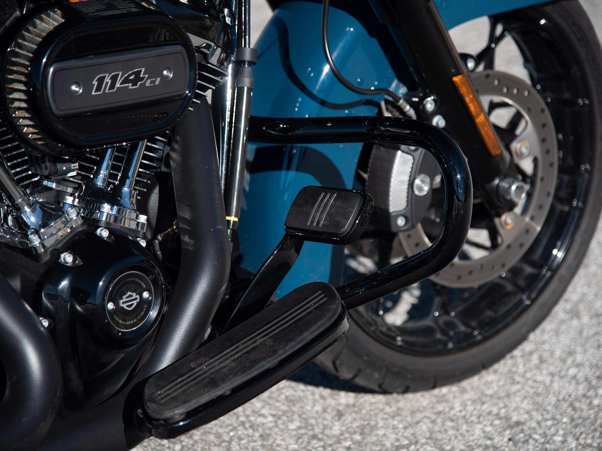 Engine guards are more spacious than in Harley’s upright Touring models, allowing more room around the brake pedal and shifter.