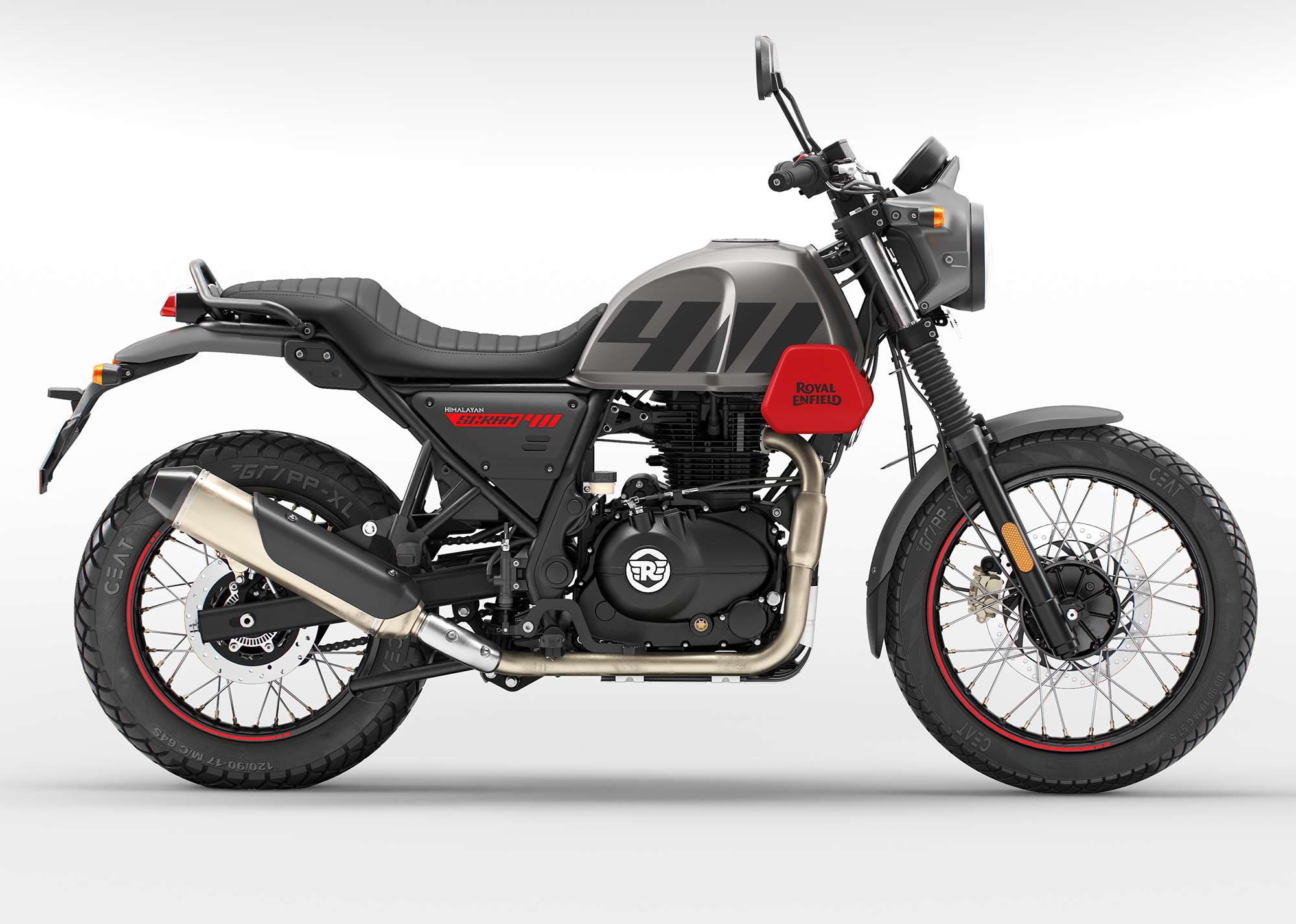Drawing on the Himalayan’s strengths, the Scram 411 is an urban scrambler.