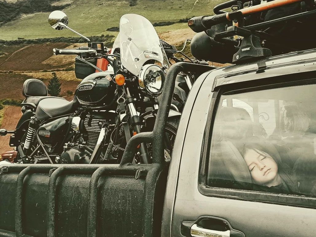 You know you’re addicted to motorcycles “when you can’t stop riding, even when you’re pregnant.” —Michele Merizalde Ayala, leader of women’s motorcycle community Warmi Bikers in Quito, Ecuador, with a happy, healthy (and sleepy) 5-year-old.