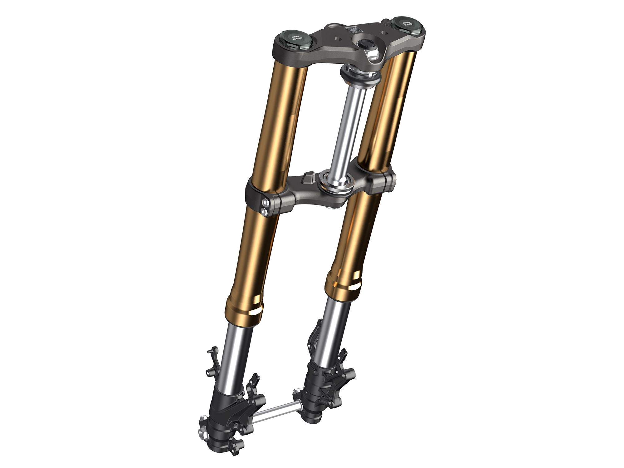 The previous year model's conventional fork has been replaced with a Showa 41mm inverted Separate Function Fork Big Piston (SFF-BP) fork with 5.9 inches of cushion stroke, held by new upper and lower triple clamps.