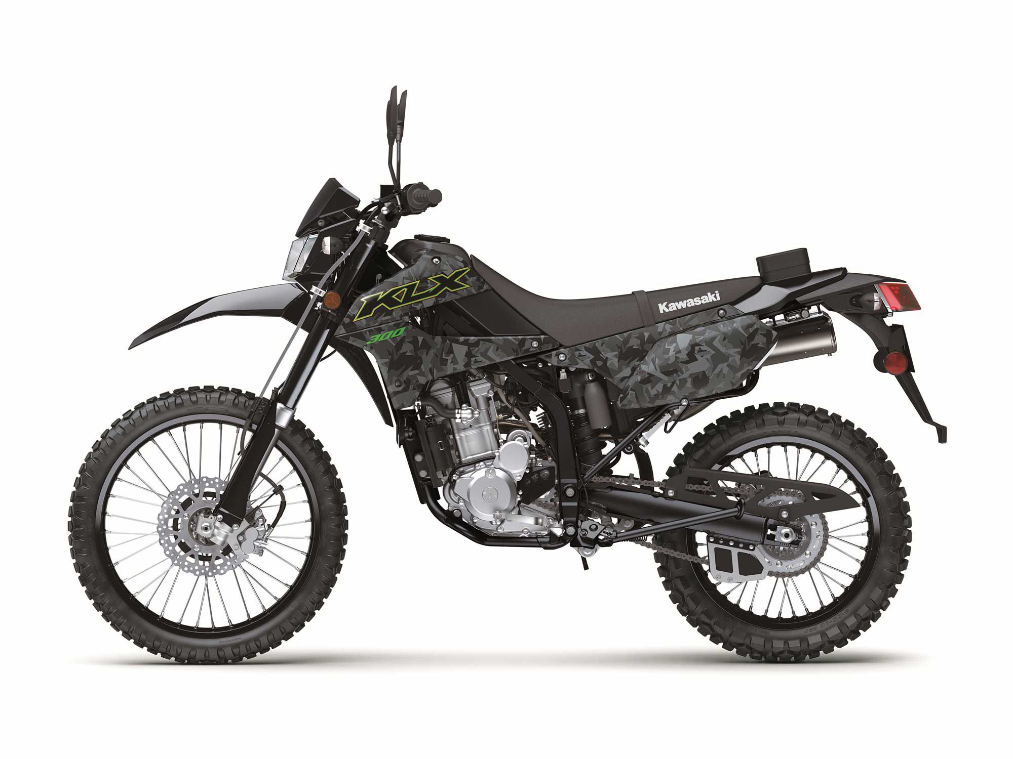 The Fragment Camo Gray colorway adds $200 to the competitively priced KLX300, which aims to be a practical, approachable dual sport for newer riders, local commuters, and those looking to explore nearby single-track.
