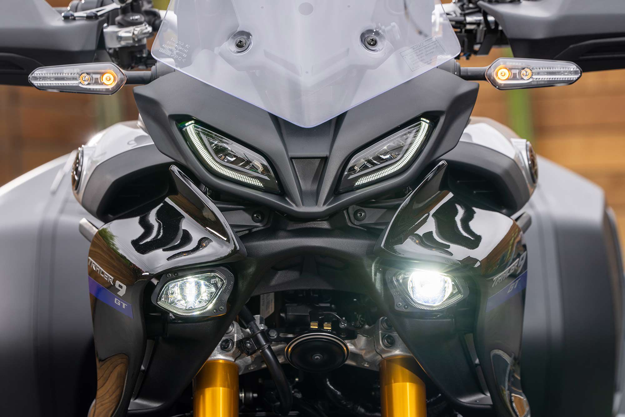 Bright LED lights help the Tracer 9 GT rider stand out after dark. Cornering headlamps are standard but could do a better job of illuminating turns at night.