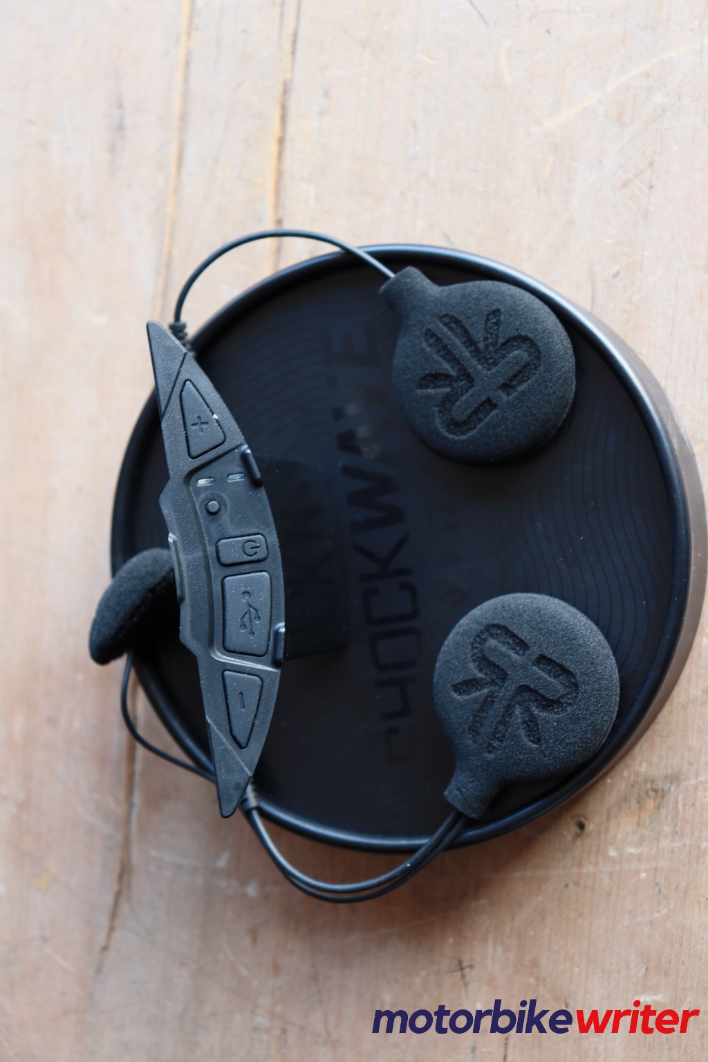 Closeup of Shockwave Bluetooth speakers on Atlas 4 helmet