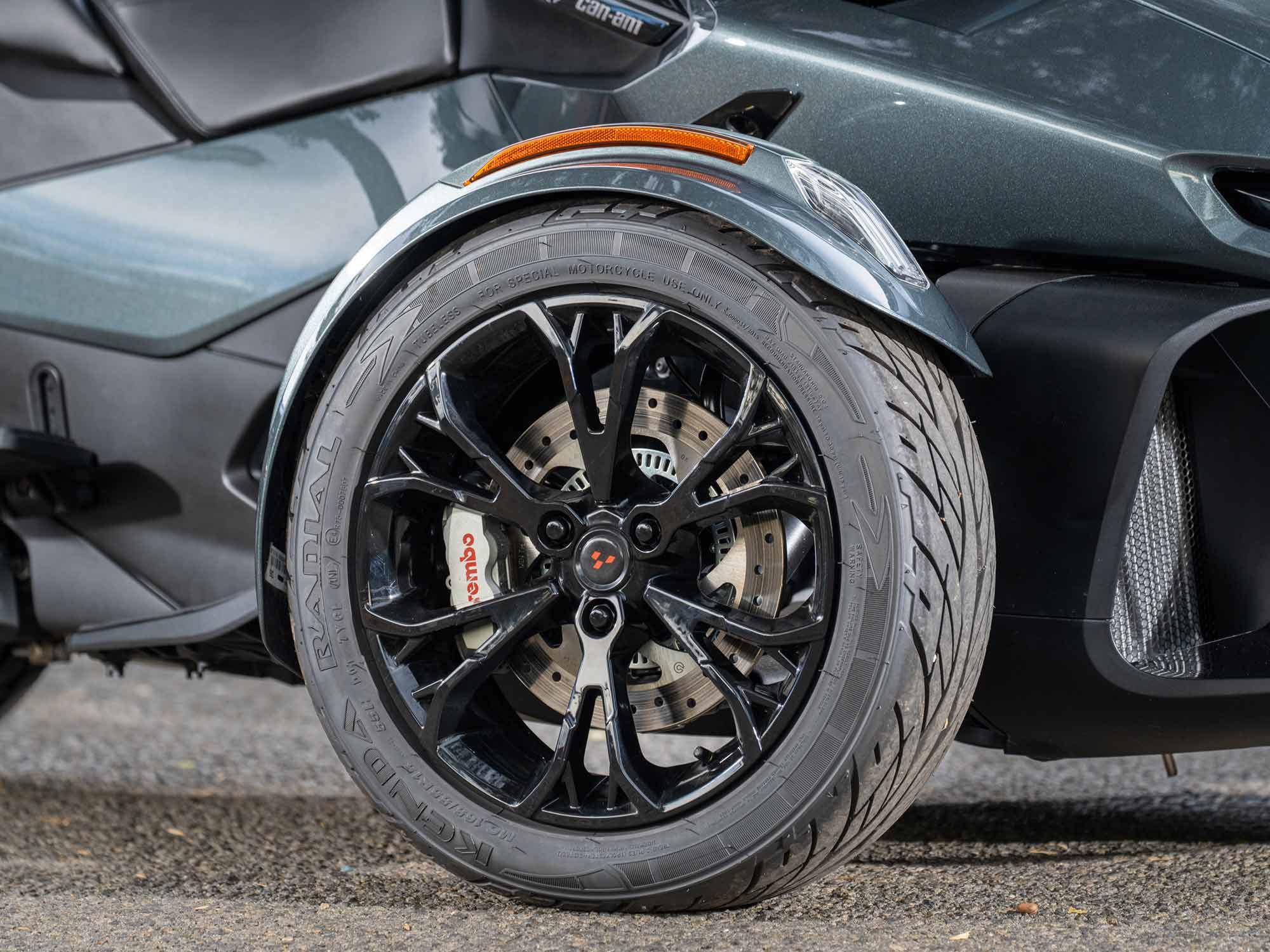 Linked triple-disc hydraulic brakes do a fine job of slowing down the nearly 1,100-pound Spyder RT Limited. The brakes are actuated by a right-hand-side foot pedal.
