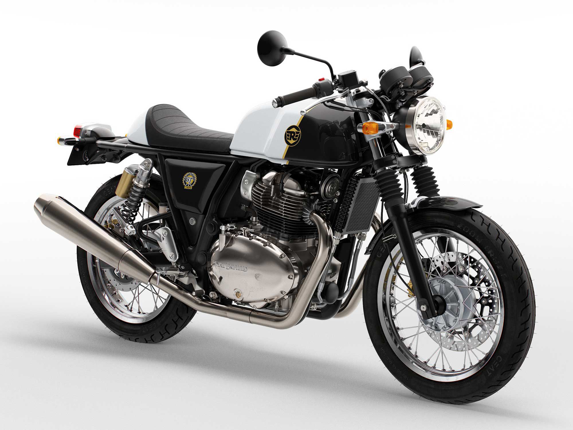 Royal Enfield continues to offer the Continental GT 650 in a variety of color options. Dux Deluxe (shown here) is among the two-tone offerings.