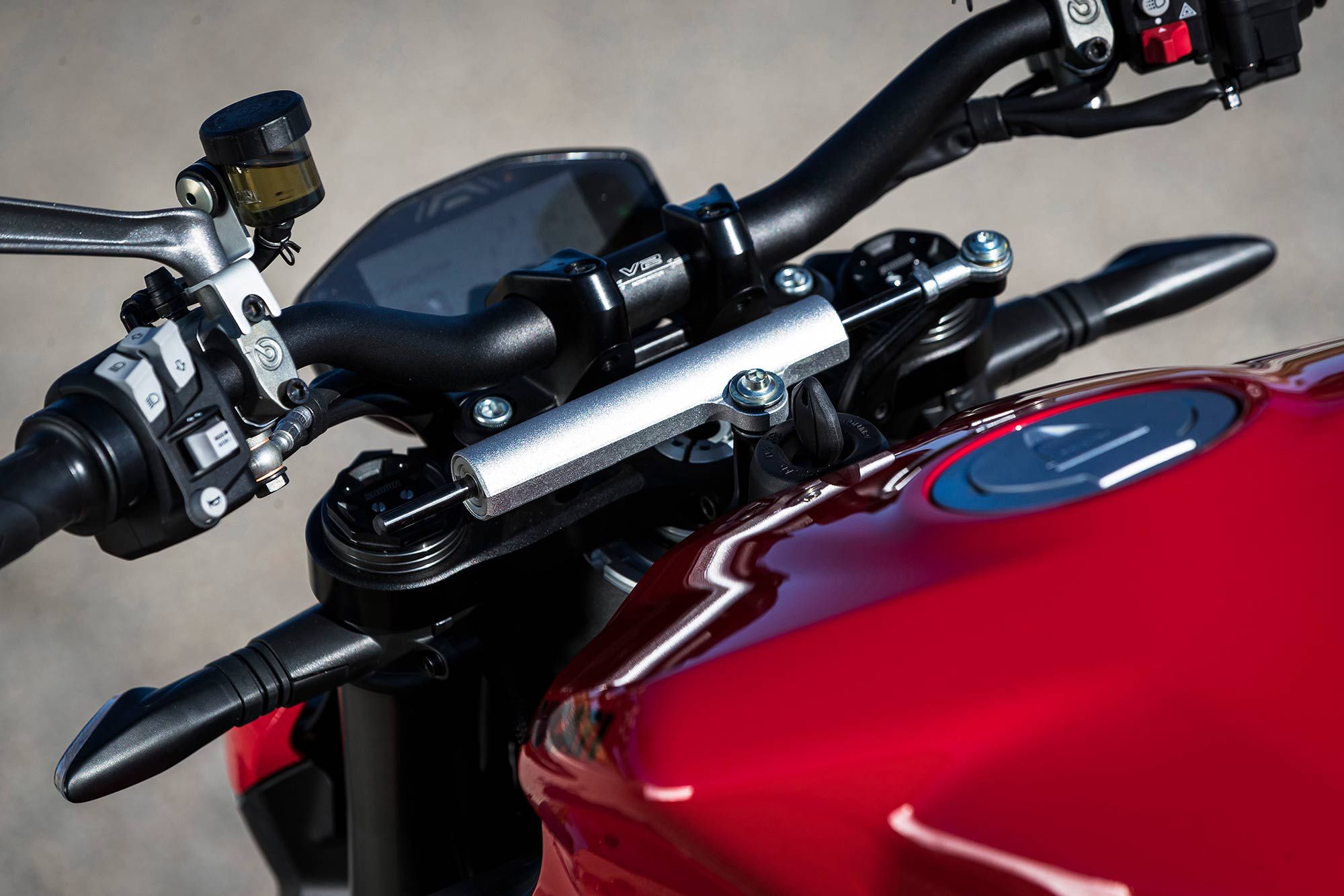 The Streetfighter V2’s one-piece handlebar is pushed forward enough to create an uncomfortable wrist pressure while logging big miles or extended track sessions.