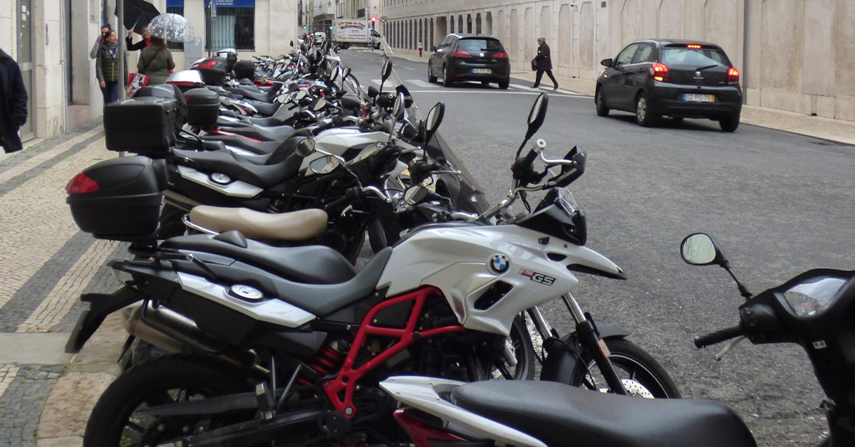 Motorcycles parked in European street
