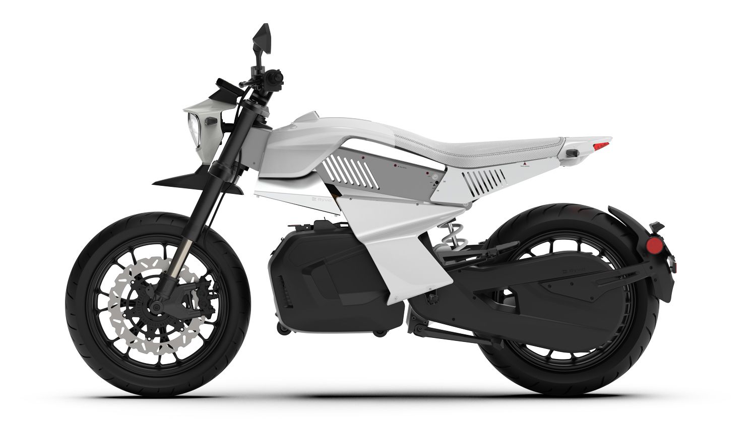 The 2023 Ryvid Anthem Launch Edition, from the left side. Note the swingarm-mounted motor with belt drive.