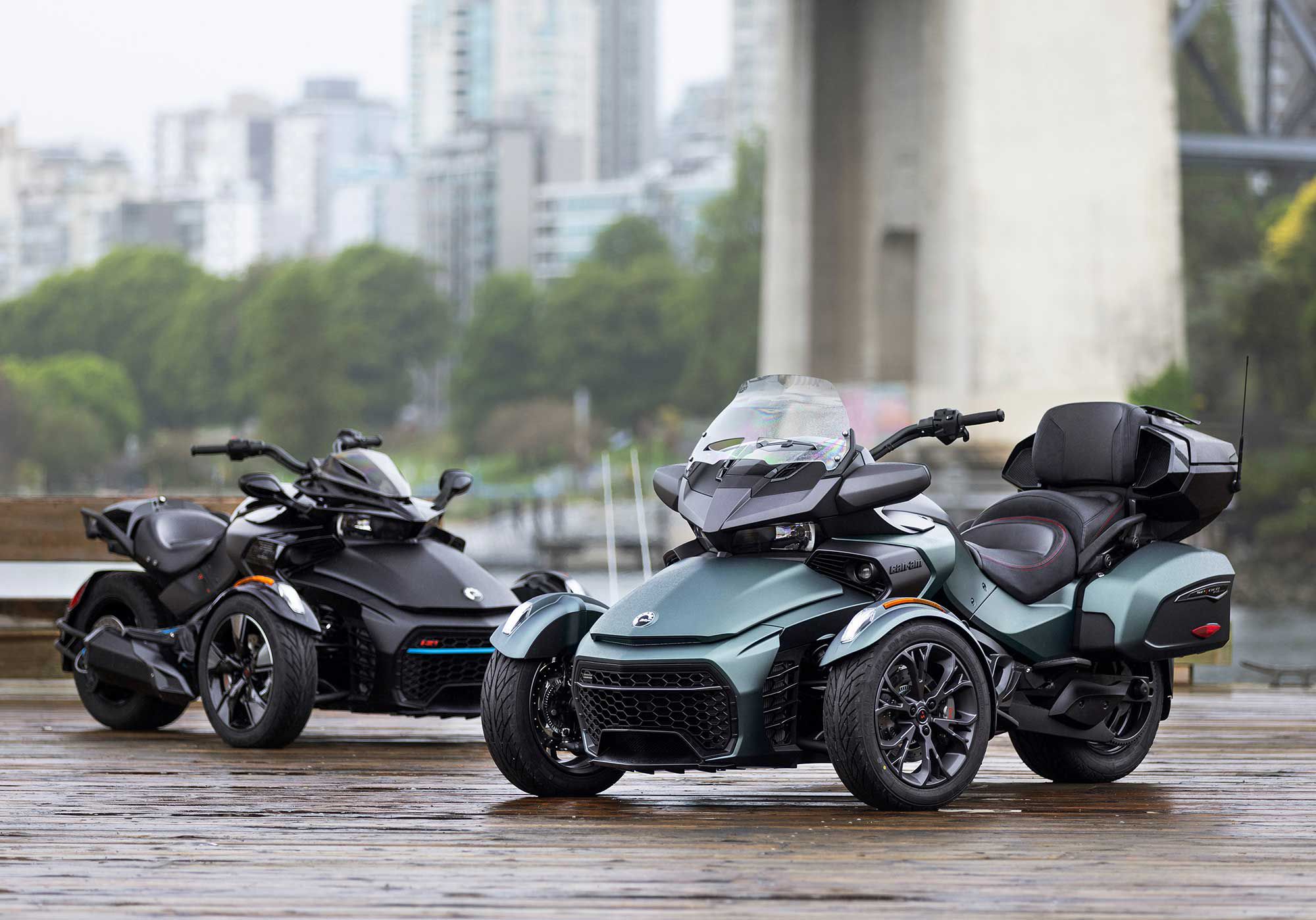The Can-Am Spyder F3 Limited Special Series in Mineral Blue, in foreground.